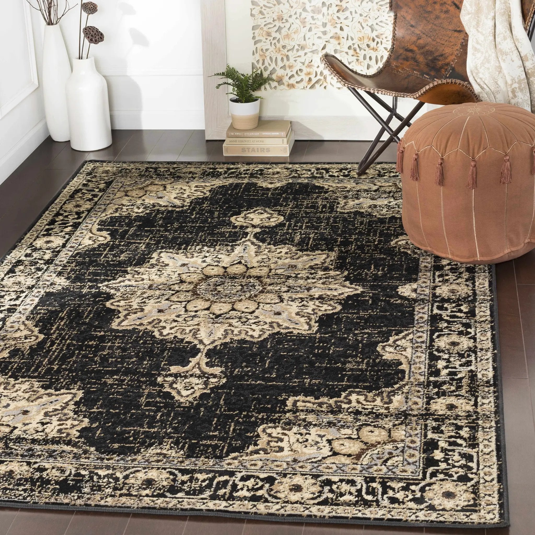 Lostwithiel Black Medallion Rug by Boutique Rugs