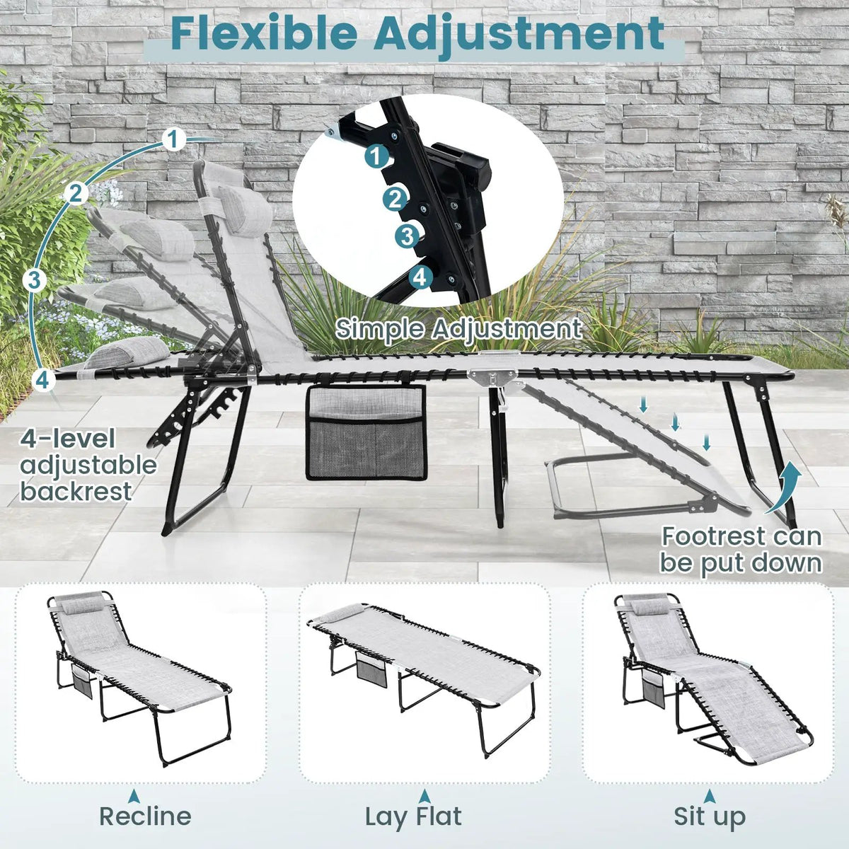 4 Position Folding Lounge Chaise with Adjustable Backrest and Footrest, photo 6 of 9