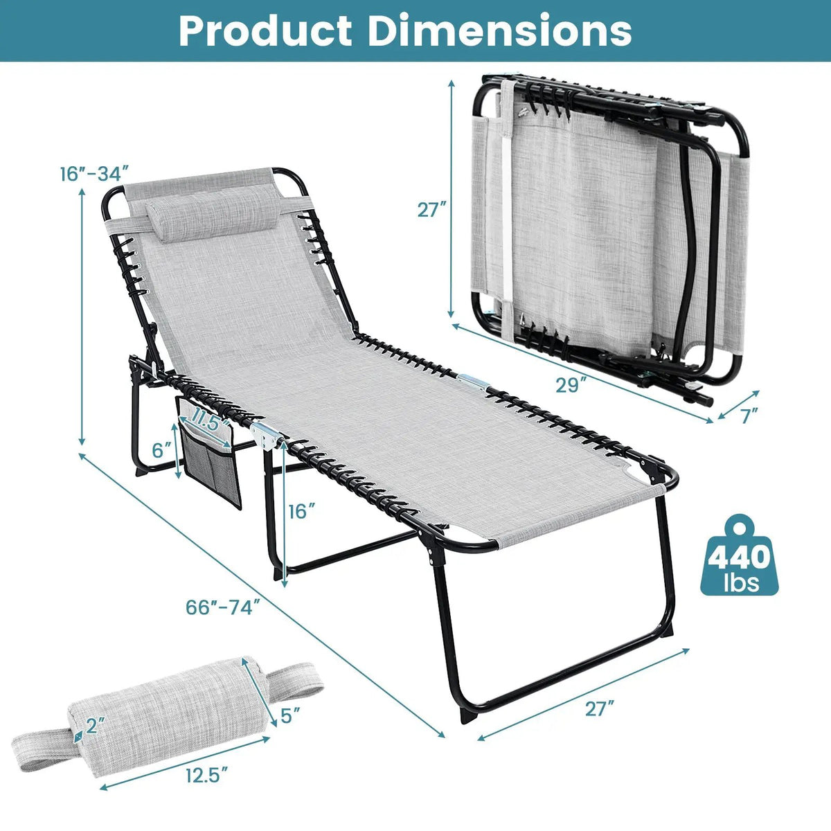 4 Position Folding Lounge Chaise with Adjustable Backrest and Footrest, photo 4 of 9