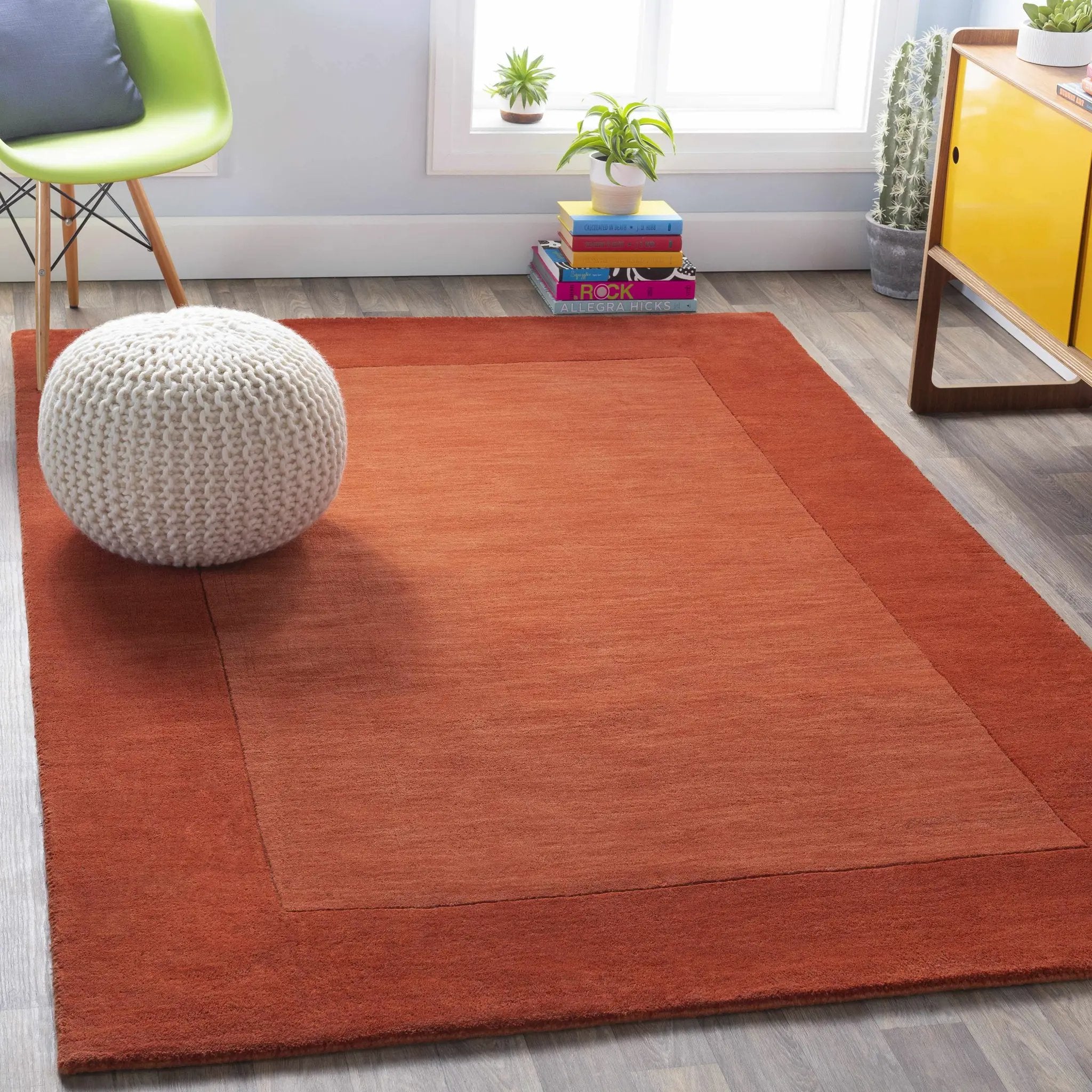 Bordered Solid Brick Red Wool Rug by Boutique Rugs