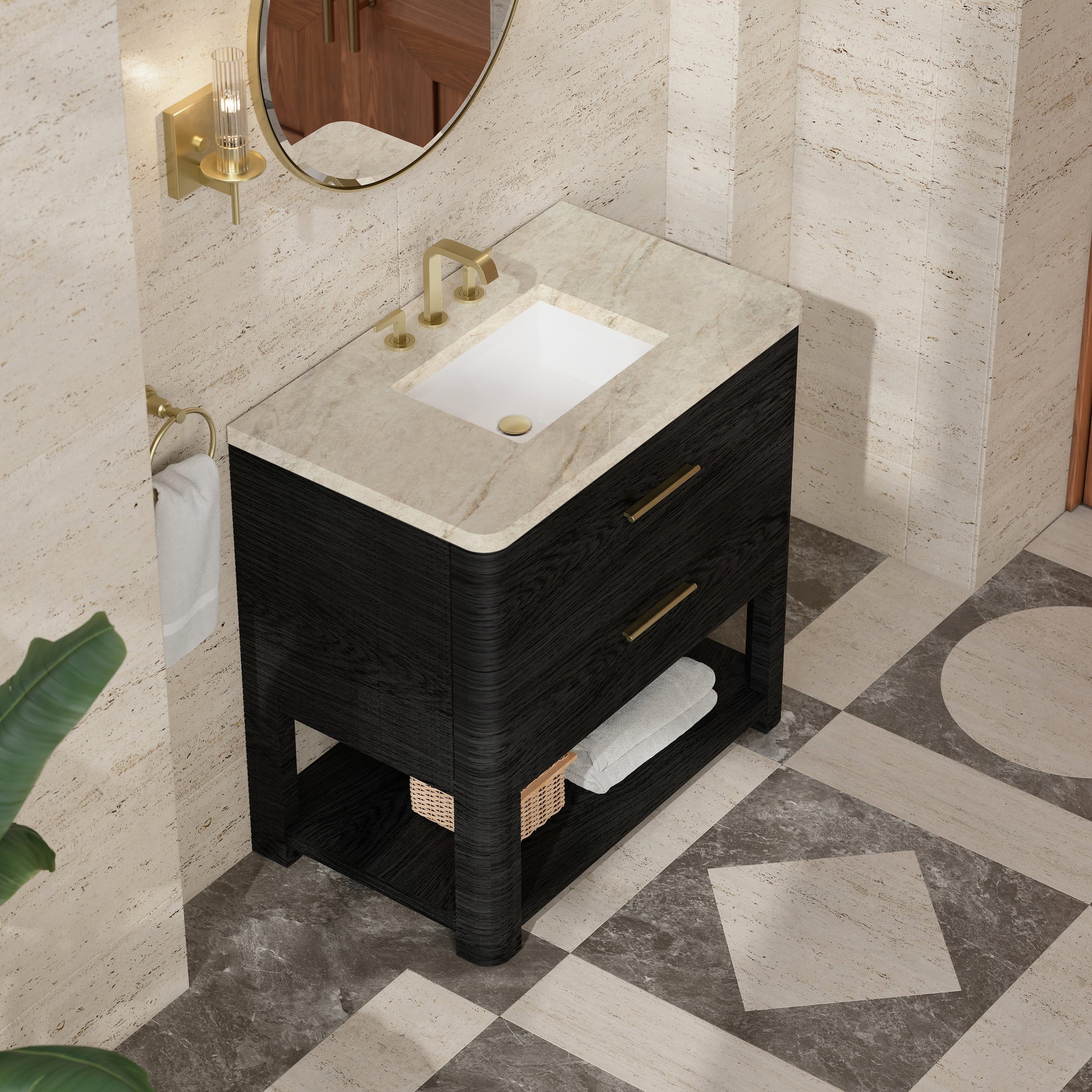 James Martin Lucian 36" Single Bathroom Vanity, Carbon Oak with Tajnar countertop