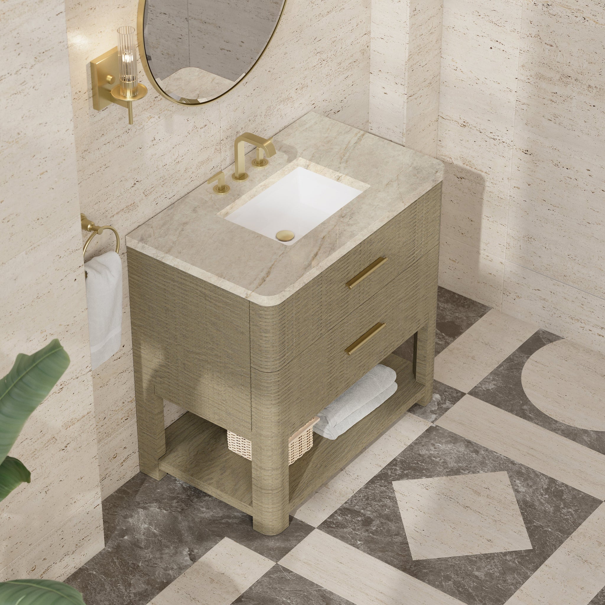 James Martin Lucian 36" Single Bathroom Vanity, Pebble Oak with Tajnar countertop