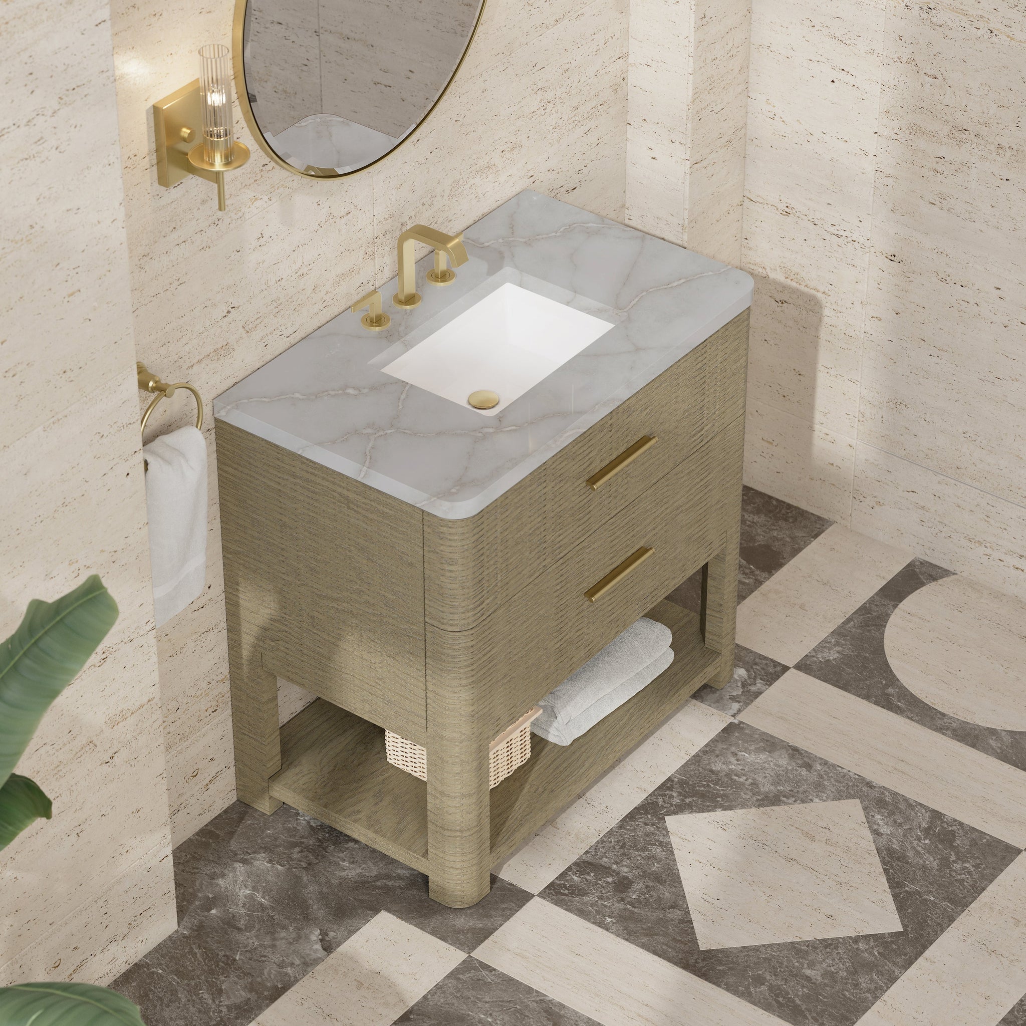 James Martin Lucian 36" Single Bathroom Vanity, Pebble Oak with Victorian Silver (Widespread) countertop