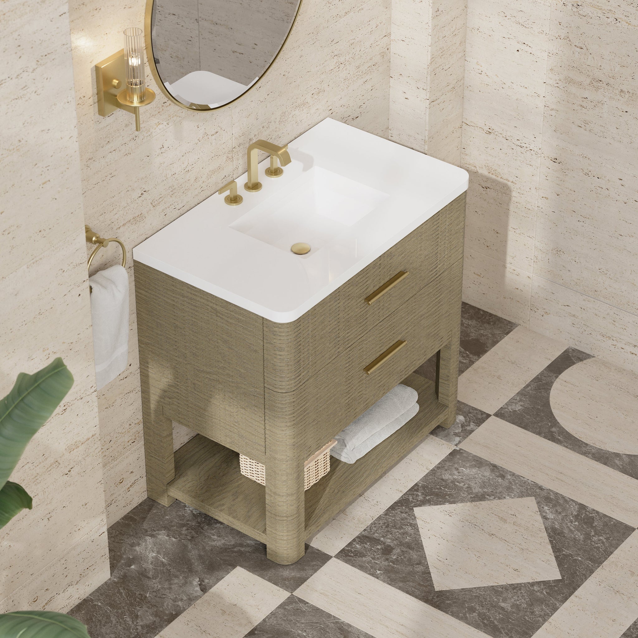 James Martin Lucian 36" Single Bathroom Vanity, Pebble Oak with White Zeus (Widespread) countertop