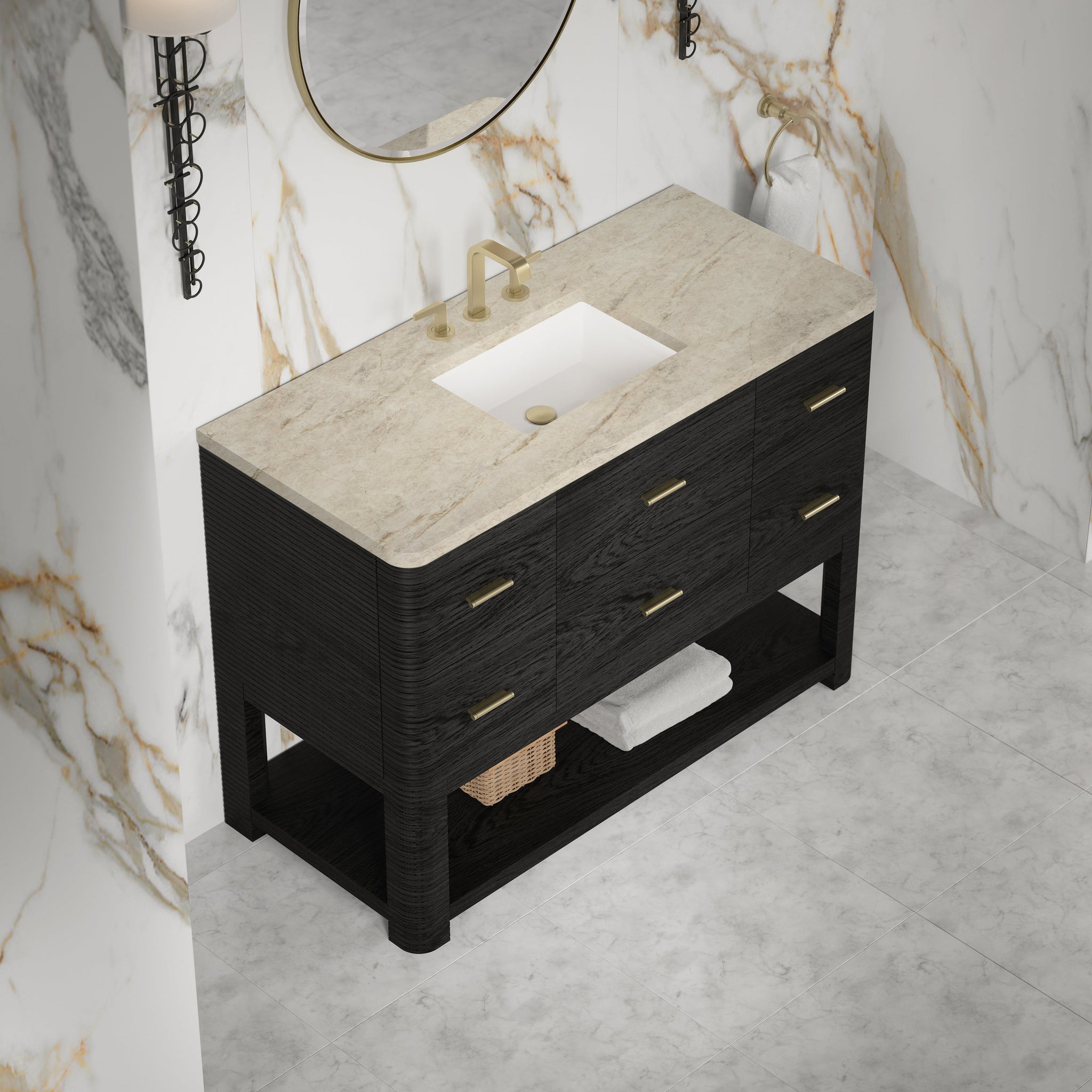 James Martin Lucian 48" Single Bathroom Vanity, Carbon Oak with Tajnar (Widespread) countertop