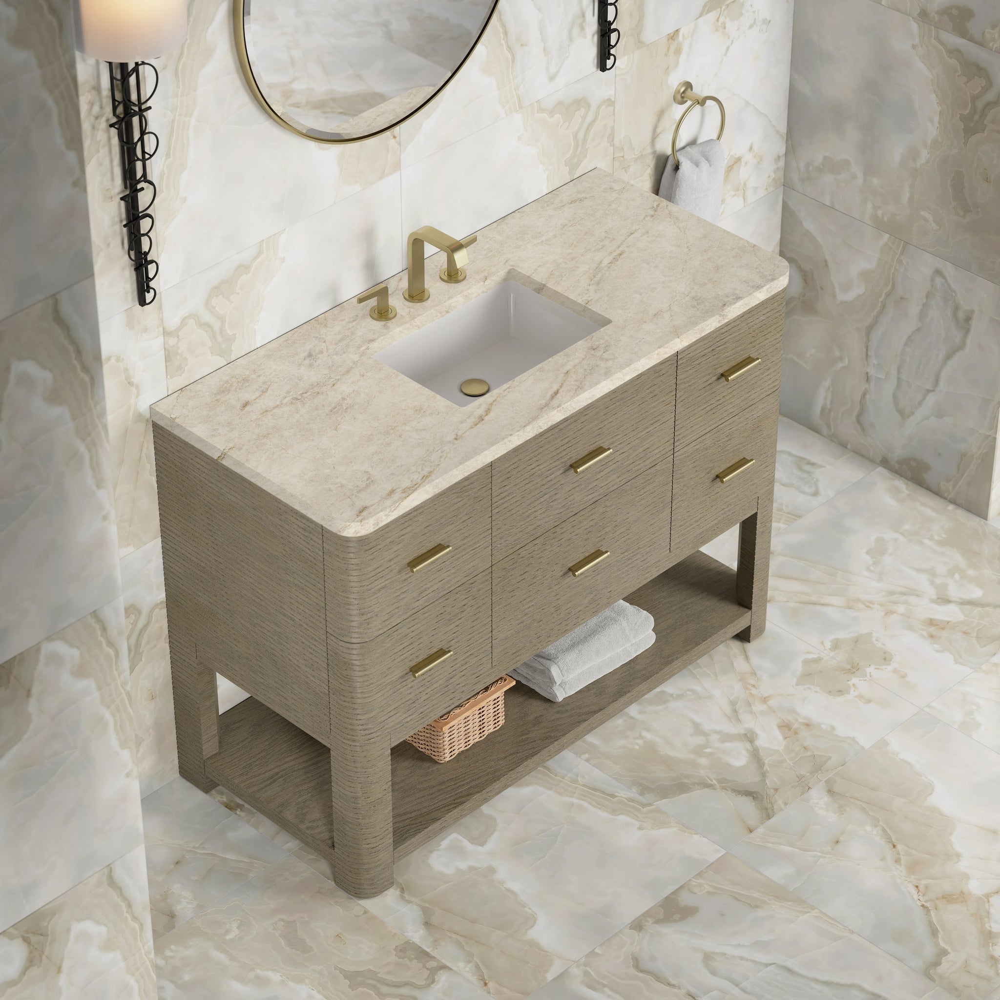 James Martin Lucian 48" Single Bathroom Vanity, Pebble Oak with Tajnar (Widespread) countertop