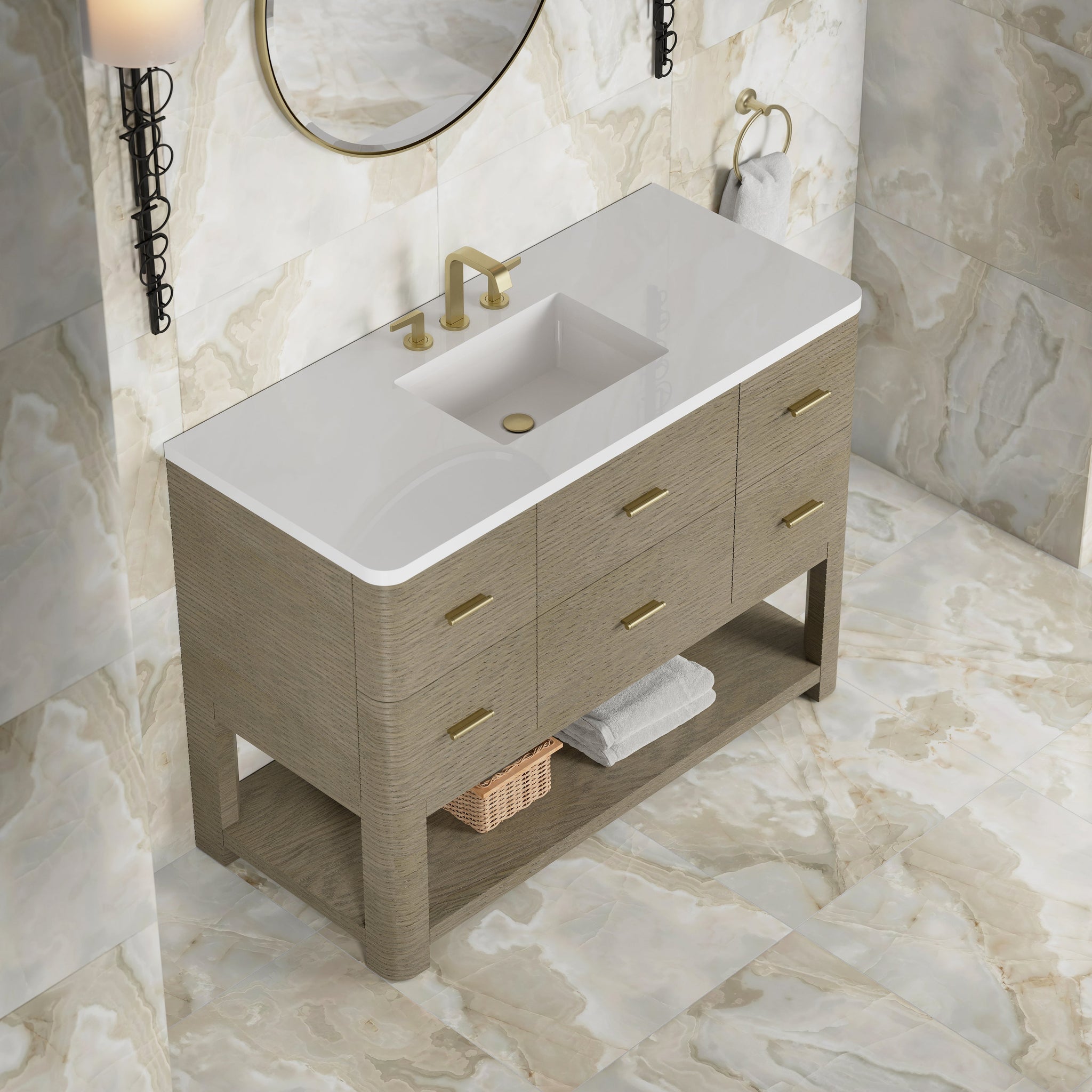 James Martin Lucian 48" Single Bathroom Vanity, Pebble Oak with White Zeus (Widespread) countertop