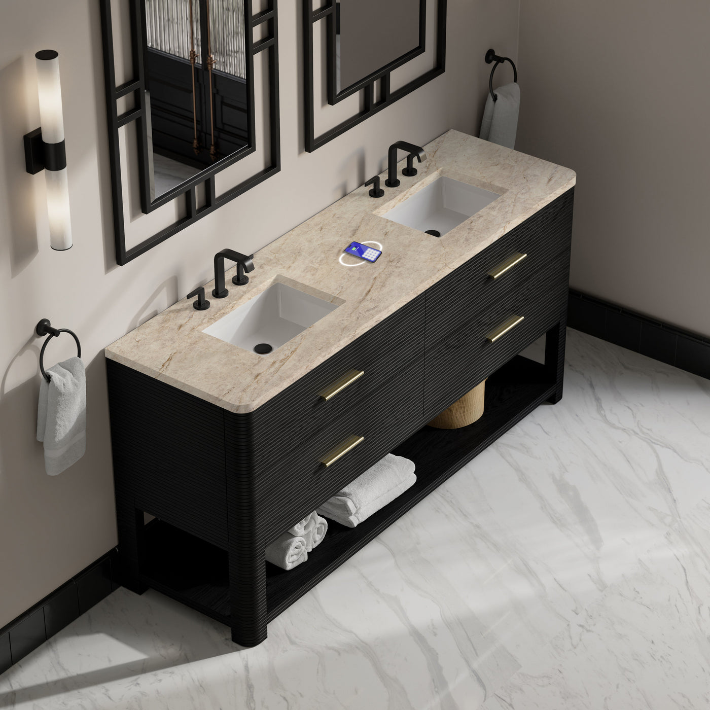 James Martin Lucian 72" Double Bathroom Vanity, Carbon Oak with Tajnar (FreePower) countertop