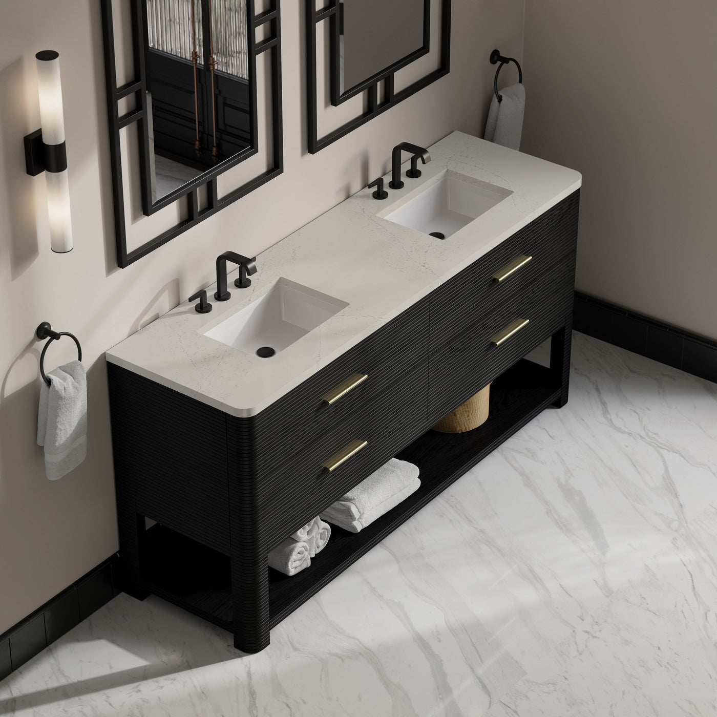 James Martin Lucian 72" Double Bathroom Vanity, Carbon Oak with Siberian (Widespread) countertop