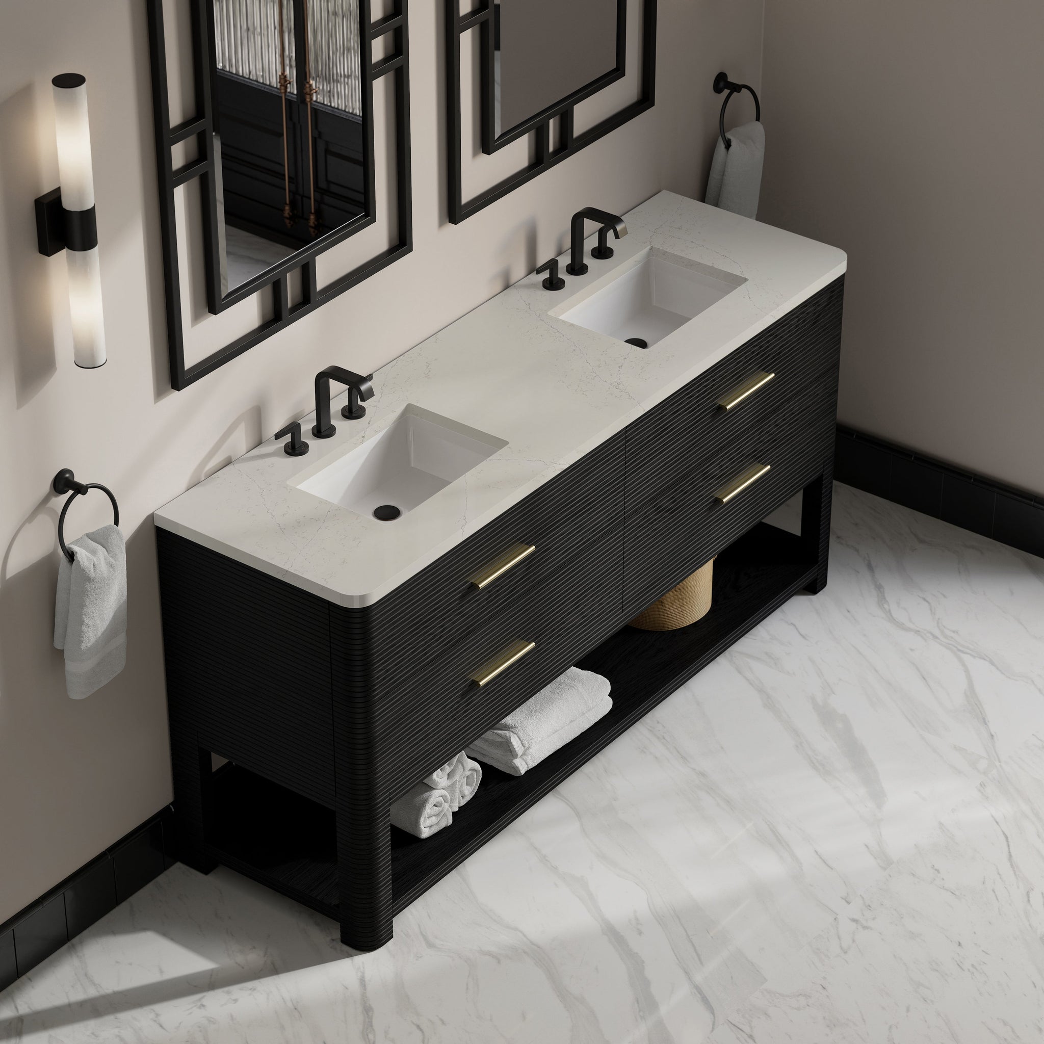 James Martin Lucian 72" Double Bathroom Vanity, Carbon Oak with Siberian (Widespread) countertop