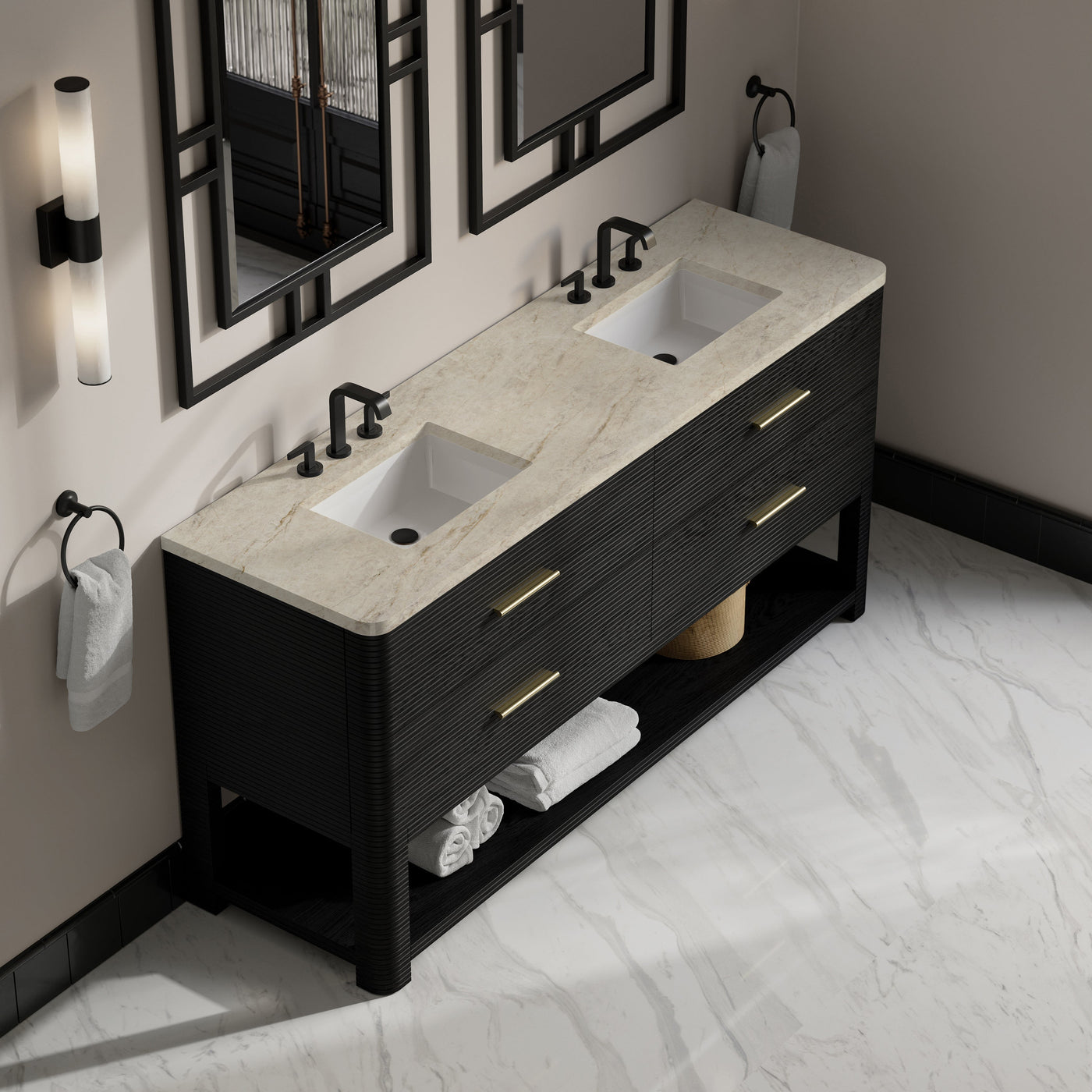 James Martin Lucian 72" Double Bathroom Vanity, Carbon Oak with Tajnar (Widespread) countertop