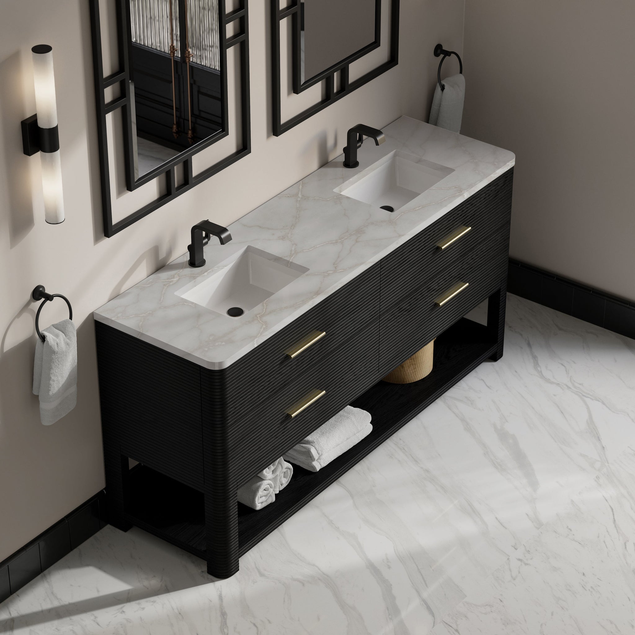 James Martin Lucian 72" Double Bathroom Vanity, Carbon Oak with Victorian Silver countertop