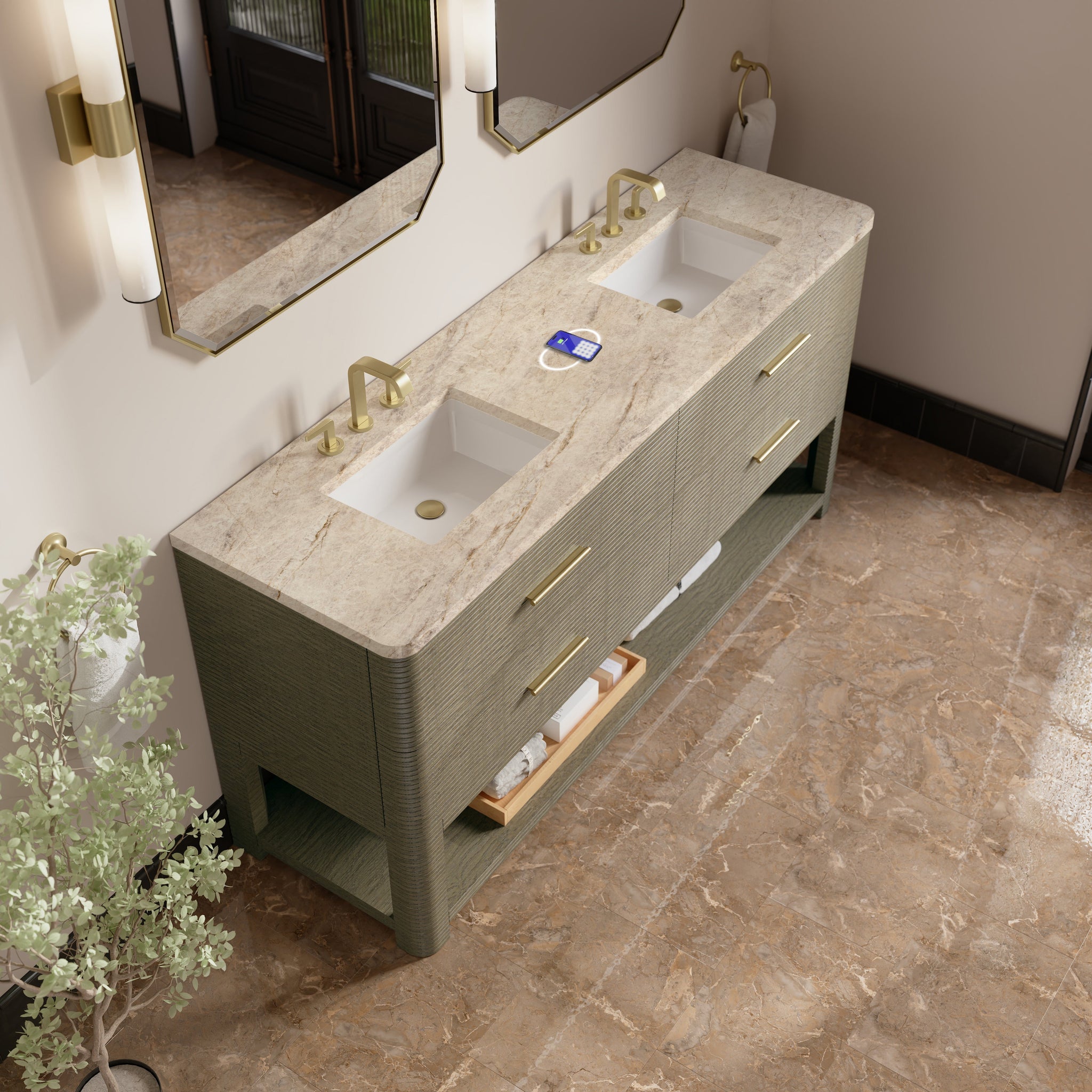 James Martin Lucian 72" Double Bathroom Vanity, Pebble Oak with Tajnar (FreePower) countertop