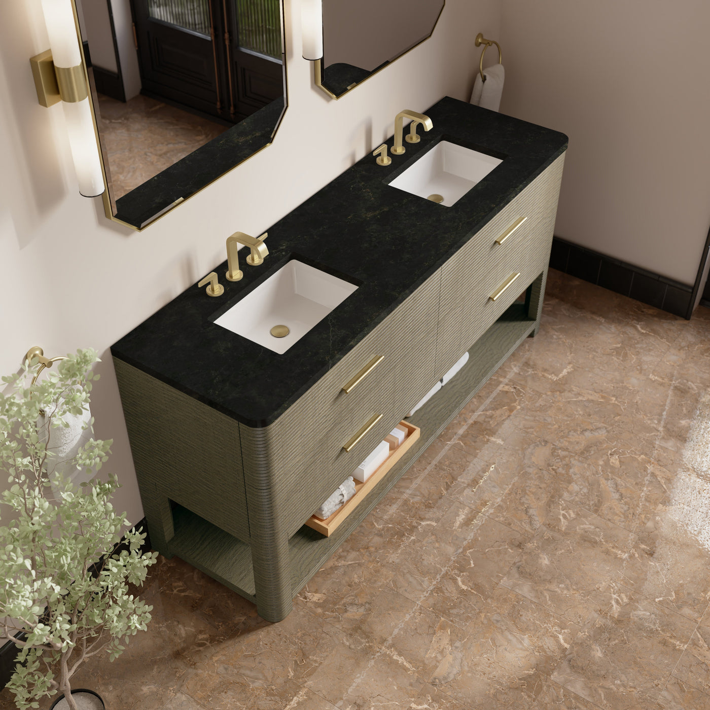 James Martin Lucian 72" Double Bathroom Vanity, Pebble Oak with Phantome countertop