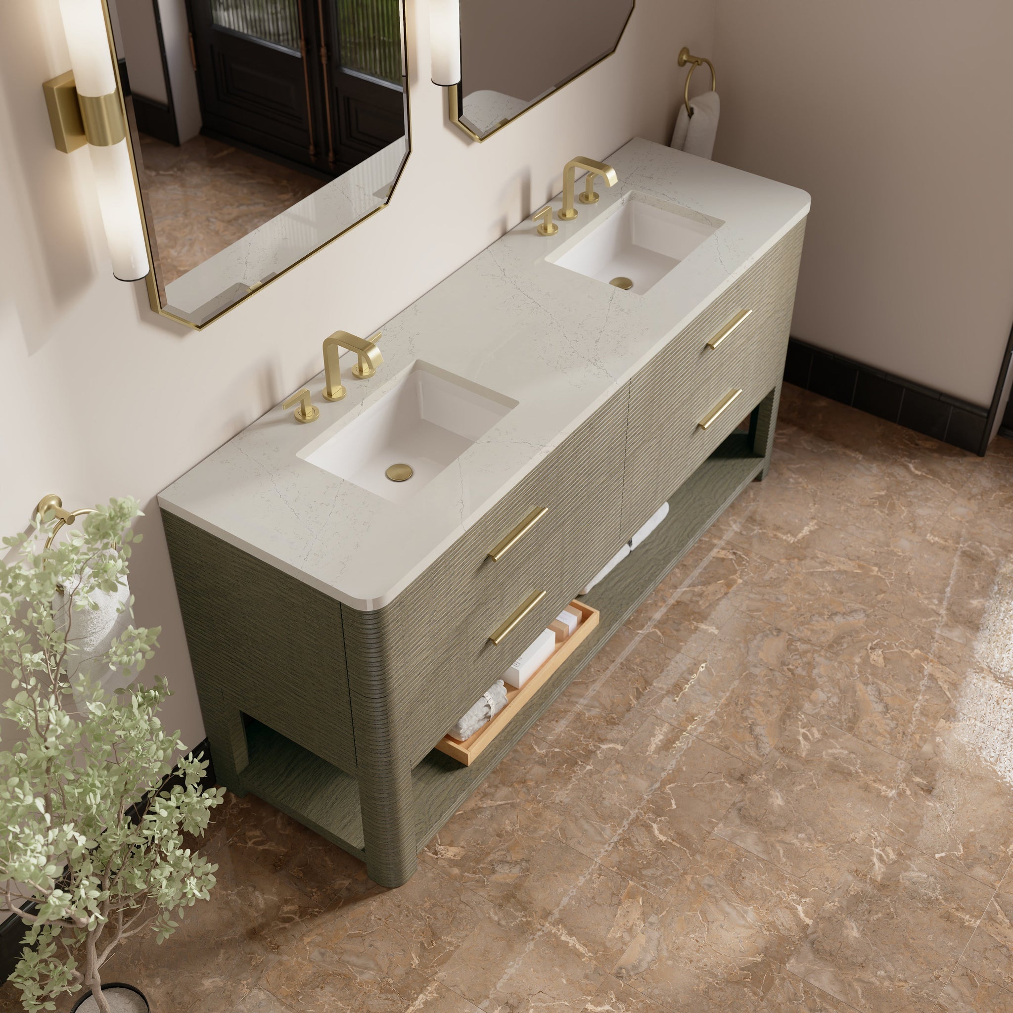 James Martin Lucian 72" Double Bathroom Vanity, Pebble Oak with Siberian (Widespread) countertop