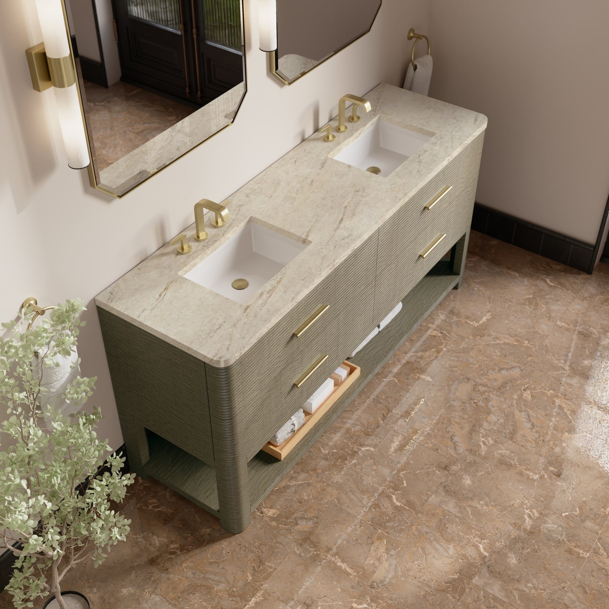 James Martin Lucian 72" Double Bathroom Vanity, Pebble Oak with Tajnar (Widespread) countertop