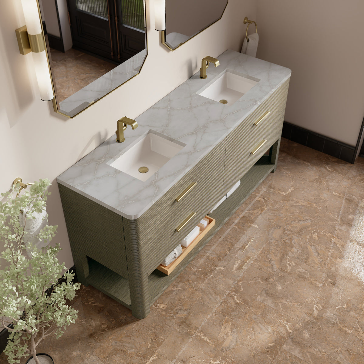 James Martin Lucian 72" Double Bathroom Vanity, Pebble Oak with Victorian Silver countertop