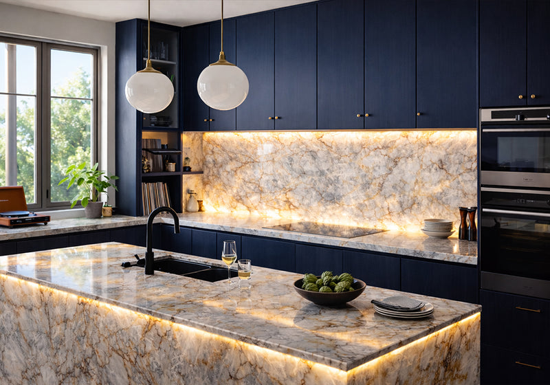 Lumine Bleu Cristallo Polished Quartzite Slab Random room scene