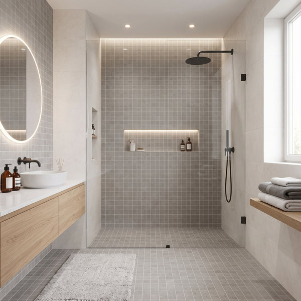 Modern bathroom interior with a walk-in shower enclosure, gray mosaic tile walls and floor, a light wood vanity, white vessel sink, round mirror with illuminated edge, and a window with folded towels on a bench.