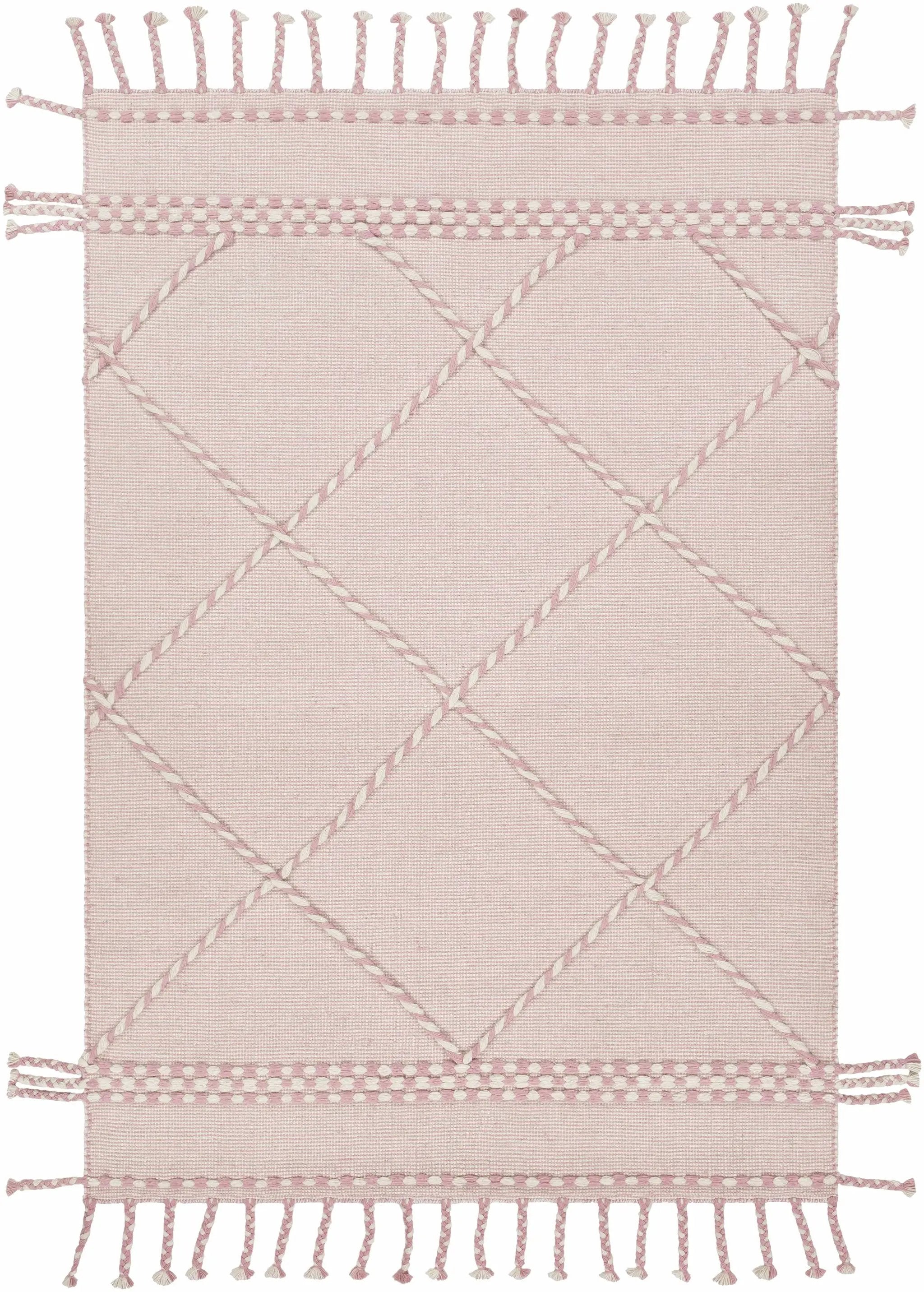 Lupton Pink Trellis Wool Rug with tassels - Clearance by Boutique Rugs