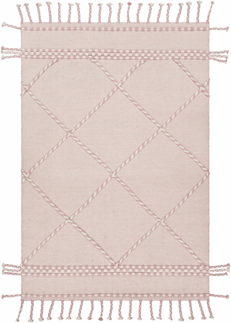 Lupton Pink Trellis Wool Rug with tassels - Clearance by Boutique Rugs