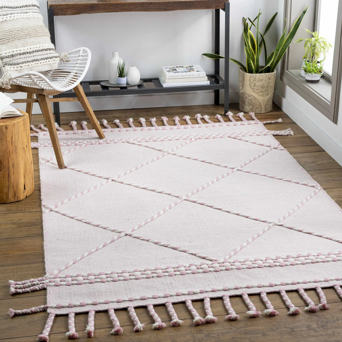 Lupton Pink Trellis Wool Rug with tassels - Clearance, installed in a room