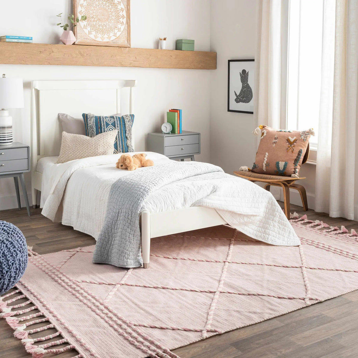 Lupton Pink Trellis Wool Rug with tassels - Clearance, installed in a room 2