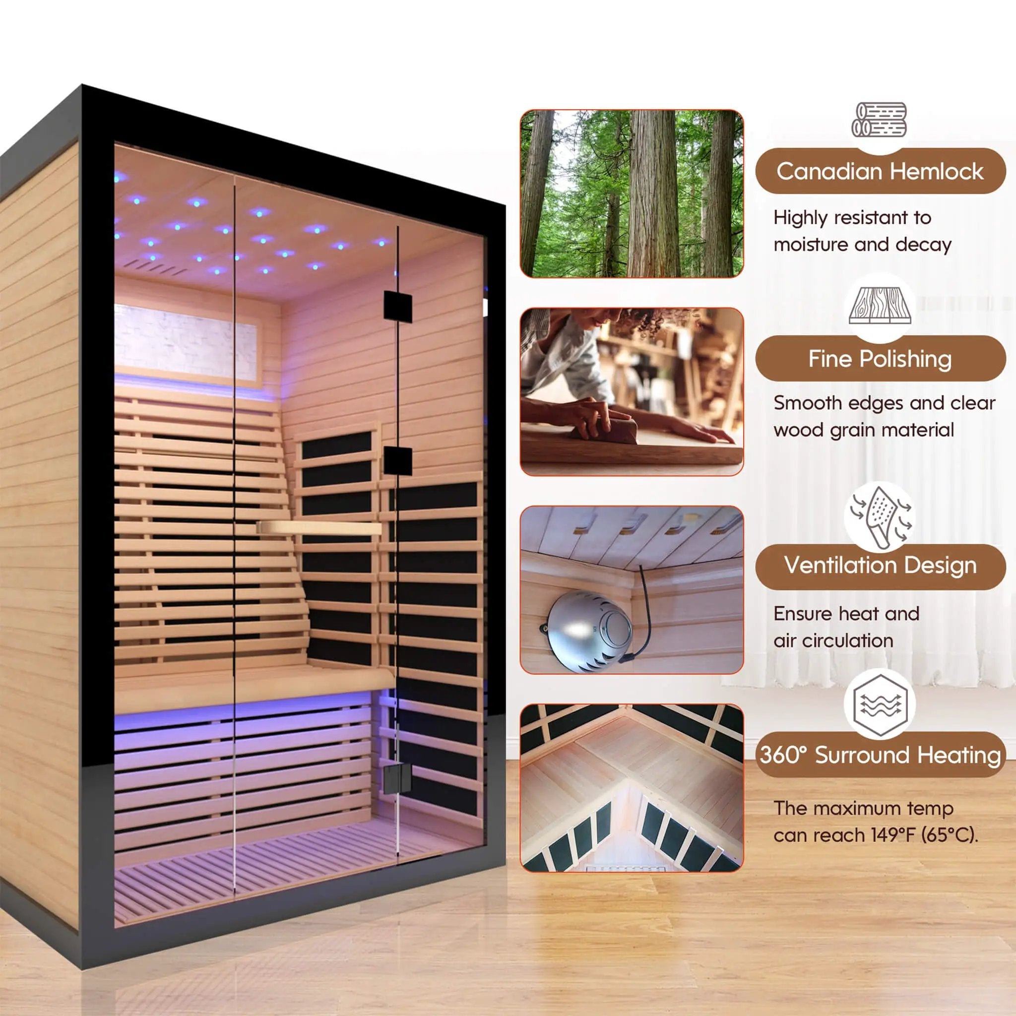 Thermora Flux Luxury 2-Person Canadian Hemlock Wood Far Infrared Home Sauna (SAK02184) by SAKSBY WHOLESALE