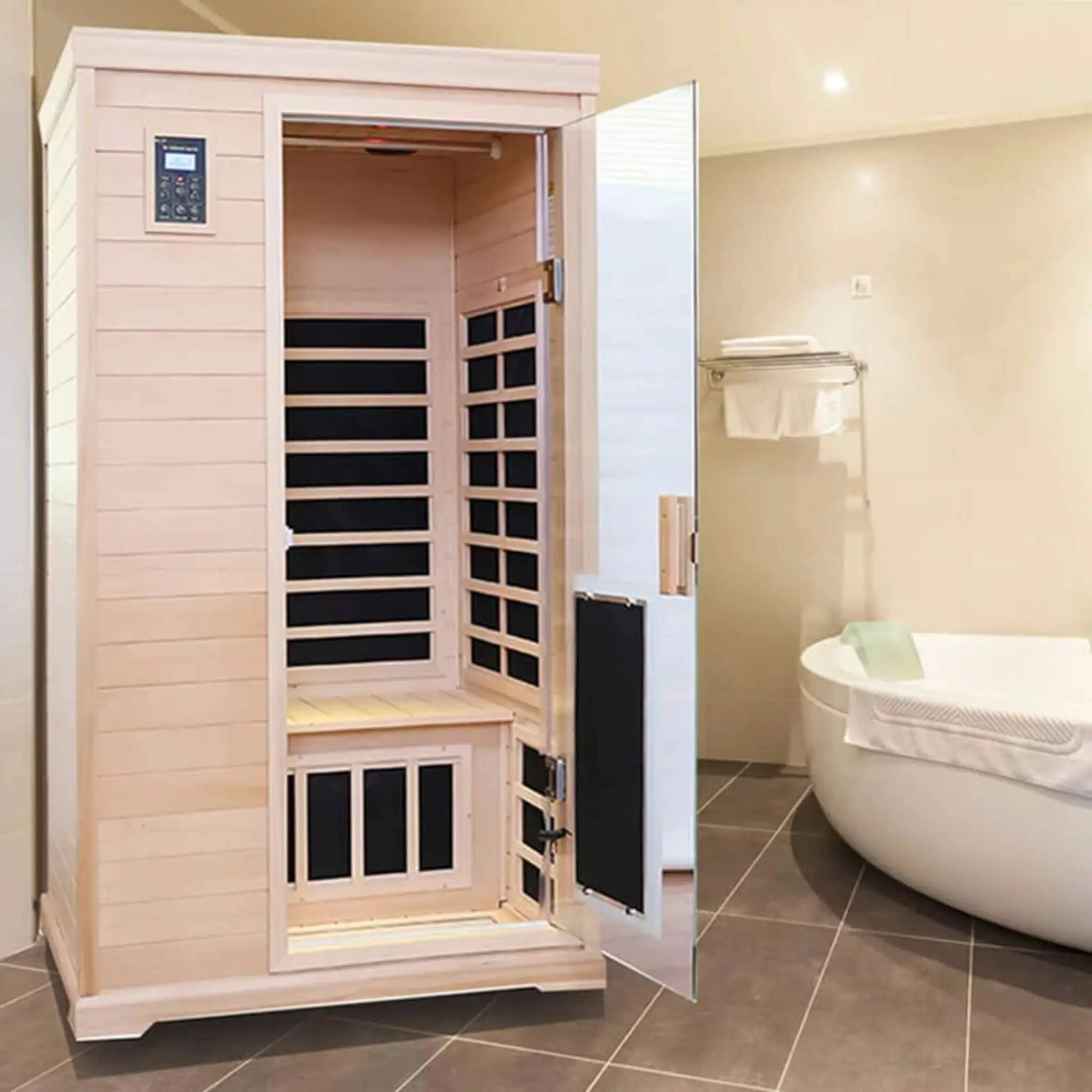 Thermora Ivara Luxury 2-Person Hemlock Wood FAR Infrared Sauna Room W/ Glass Door, 1750W (SAK81525) by SAKSBY WHOLESALE