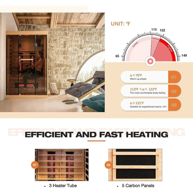 Thermora Valen Luxury 2000W 2-Person Low EMF FAR Infrared Heat Wood Home Personal Spa Sauna W/ Panoramic Tempered Glass (SAK27481) by SAKSBY WHOLESALE