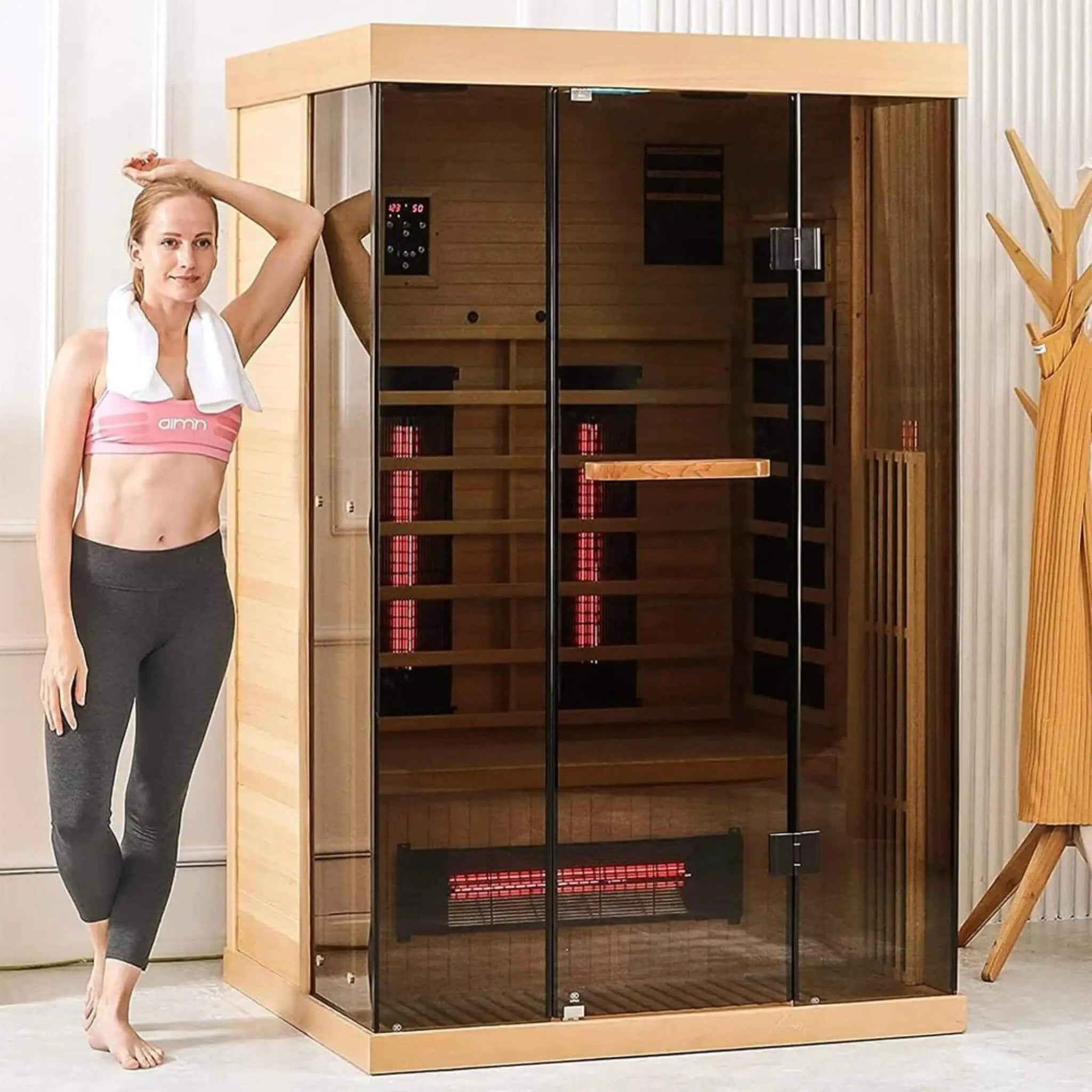 Thermora Valen Luxury 2000W 2-Person Low EMF FAR Infrared Heat Wood Home Personal Spa Sauna W/ Panoramic Tempered Glass (SAK27481) by SAKSBY WHOLESALE