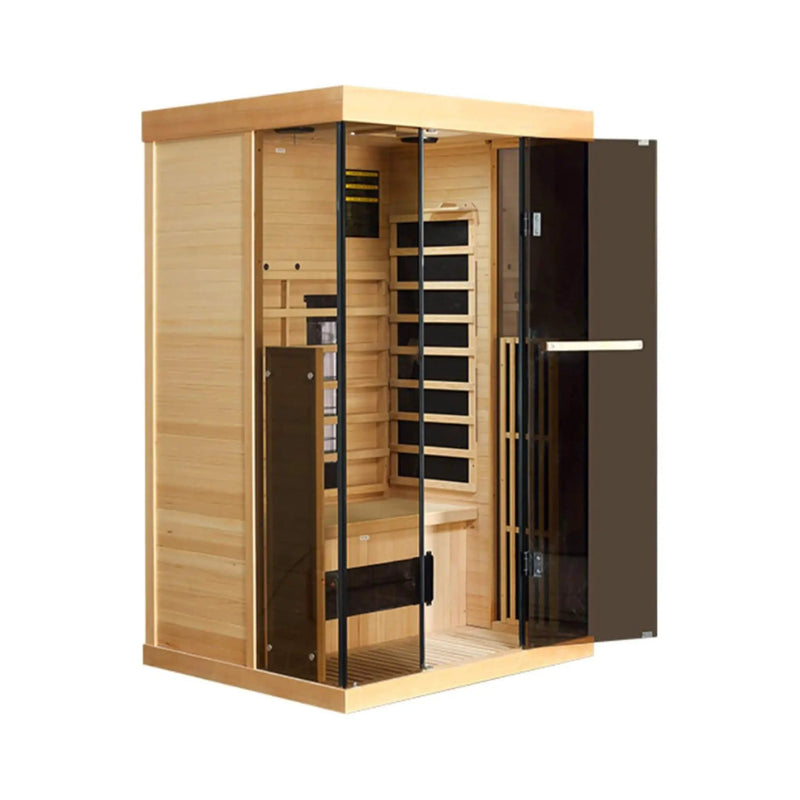 Thermora Valen Luxury 2000W 2-Person Low EMF FAR Infrared Heat Wood Home Personal Spa Sauna W/ Panoramic Tempered Glass (SAK27481) by SAKSBY WHOLESALE