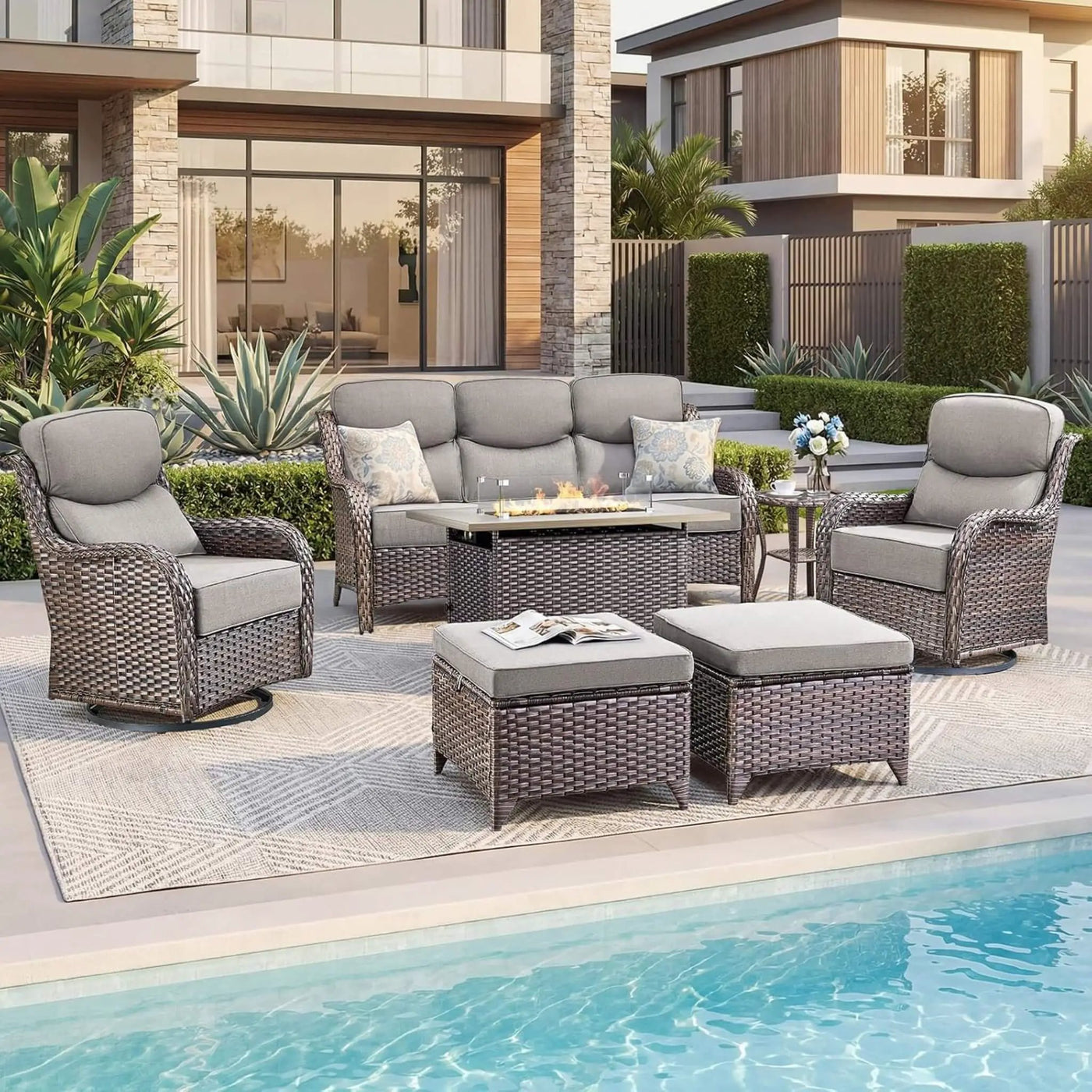 Luxury 7-Piece Outdoor Patio Furniture Set With Fire Pit Table (SAK57391) by SAKSBY WHOLESALE