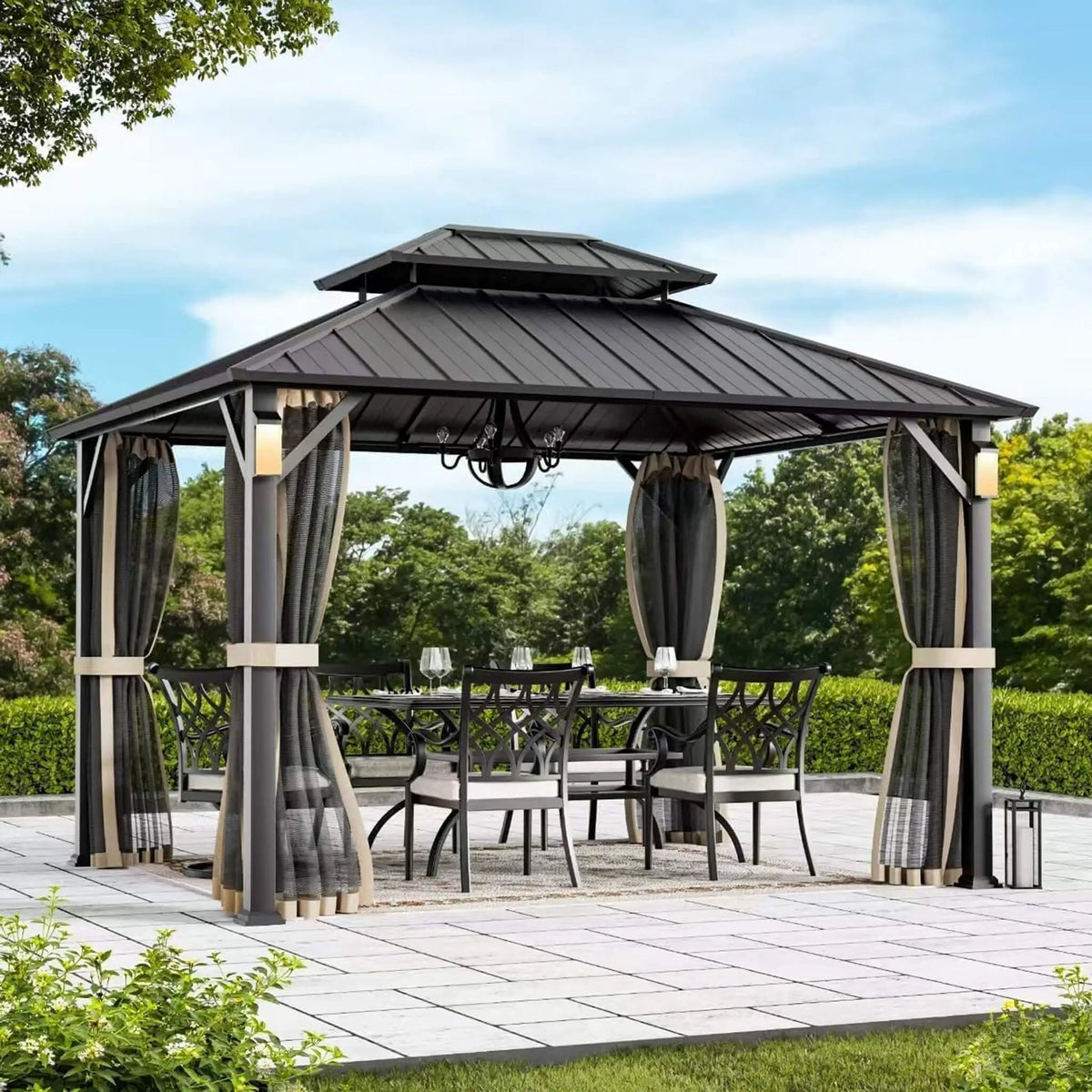Alora Luxury Double Roof Hardtop Aluminum Gazebo With Decor Hooks, Mosquito Nettings, And LED Lights (SAK91824) by SAKSBY WHOLESALE