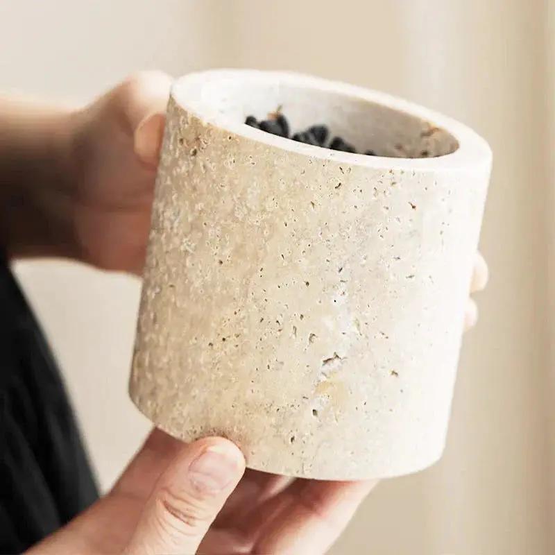 Luxury Marble Organizer Canister - Handcrafted Round Stone Container for Vanity, Office | Gift Set with Lid for Makeup Brushes & Coffee Lovers by House Of Avana