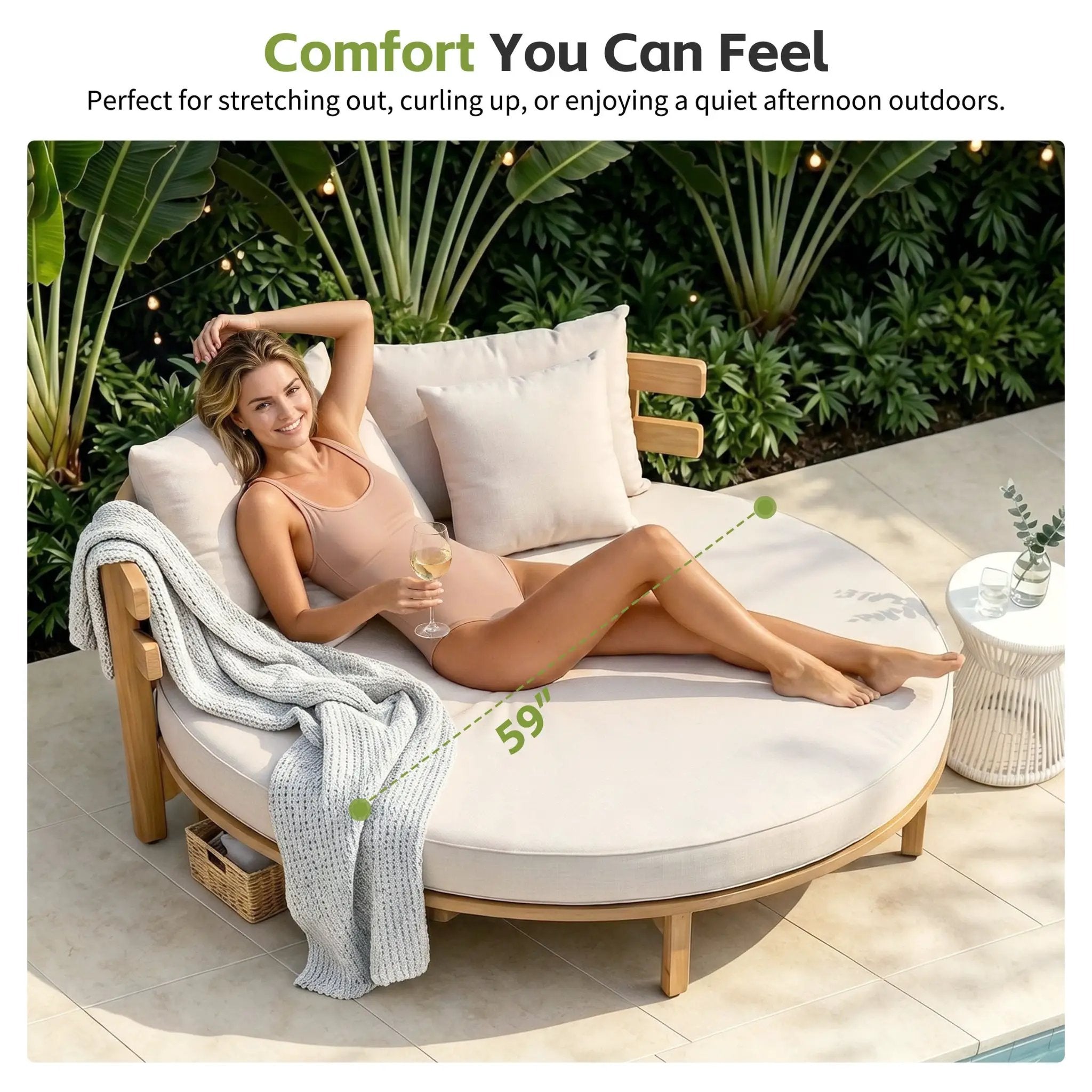 Alora Luxury Outdoor Acacia Wood Round Daybed With Cushions And Pillows (SAK40613) by SAKSBY WHOLESALE
