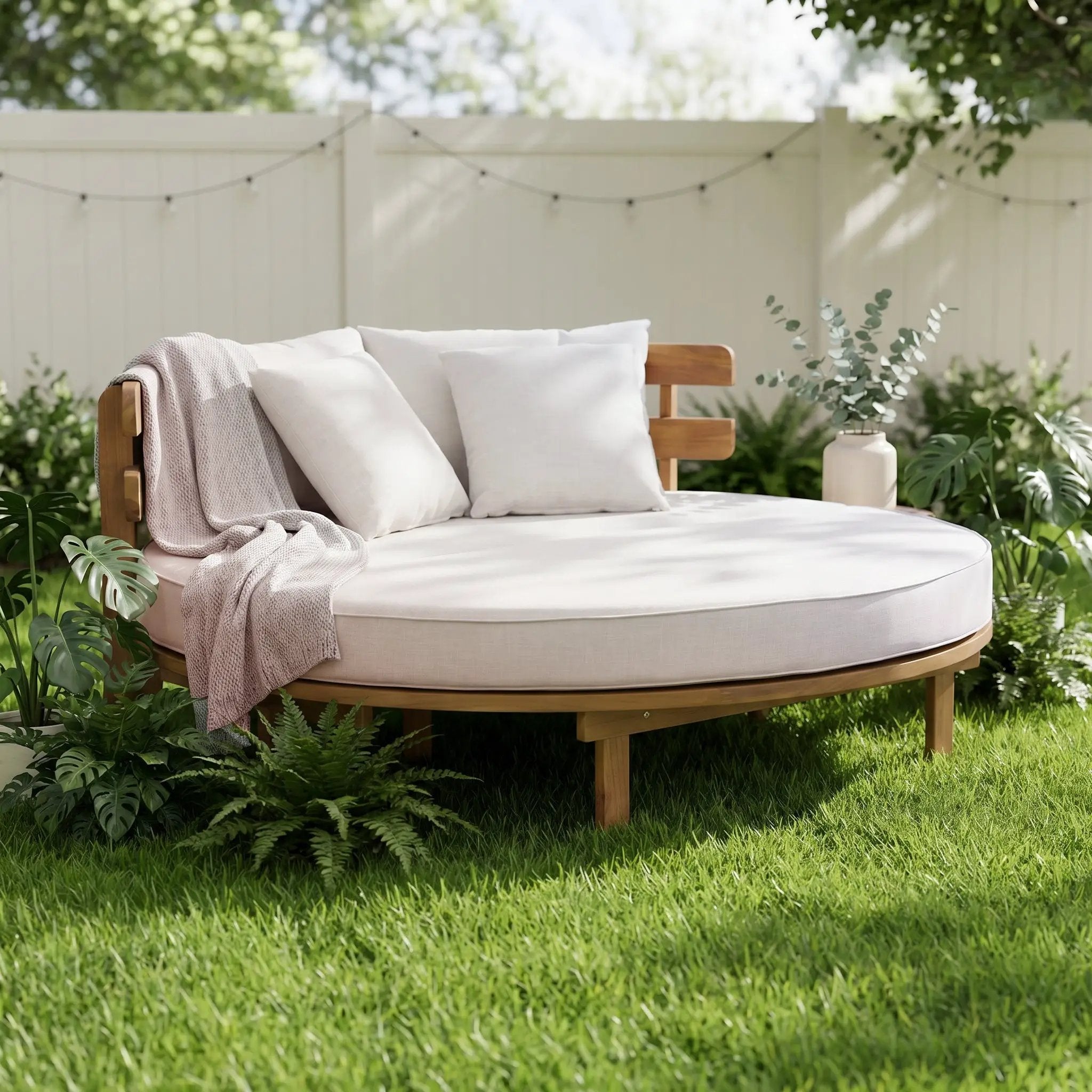 Alora Luxury Outdoor Acacia Wood Round Daybed With Cushions And Pillows (SAK40613) by SAKSBY WHOLESALE