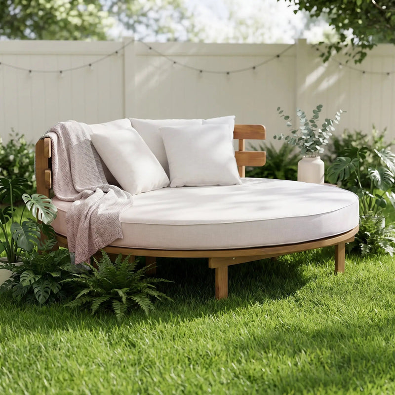 Alora Luxury Outdoor Acacia Wood Round Daybed With Cushions And Pillows (SAK40613) by SAKSBY WHOLESALE