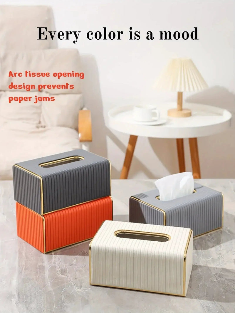 [Luxury Tissue Box Cover] Premium Faux Leather 1-Pack Striped Tissue Box Cover | Dual-Purpose for Dining Table & Home Decor, Golden Accents, Holds Standard Tissues, Modern Luxury Design for Living Room, Office, Hotel by House Of Avana
