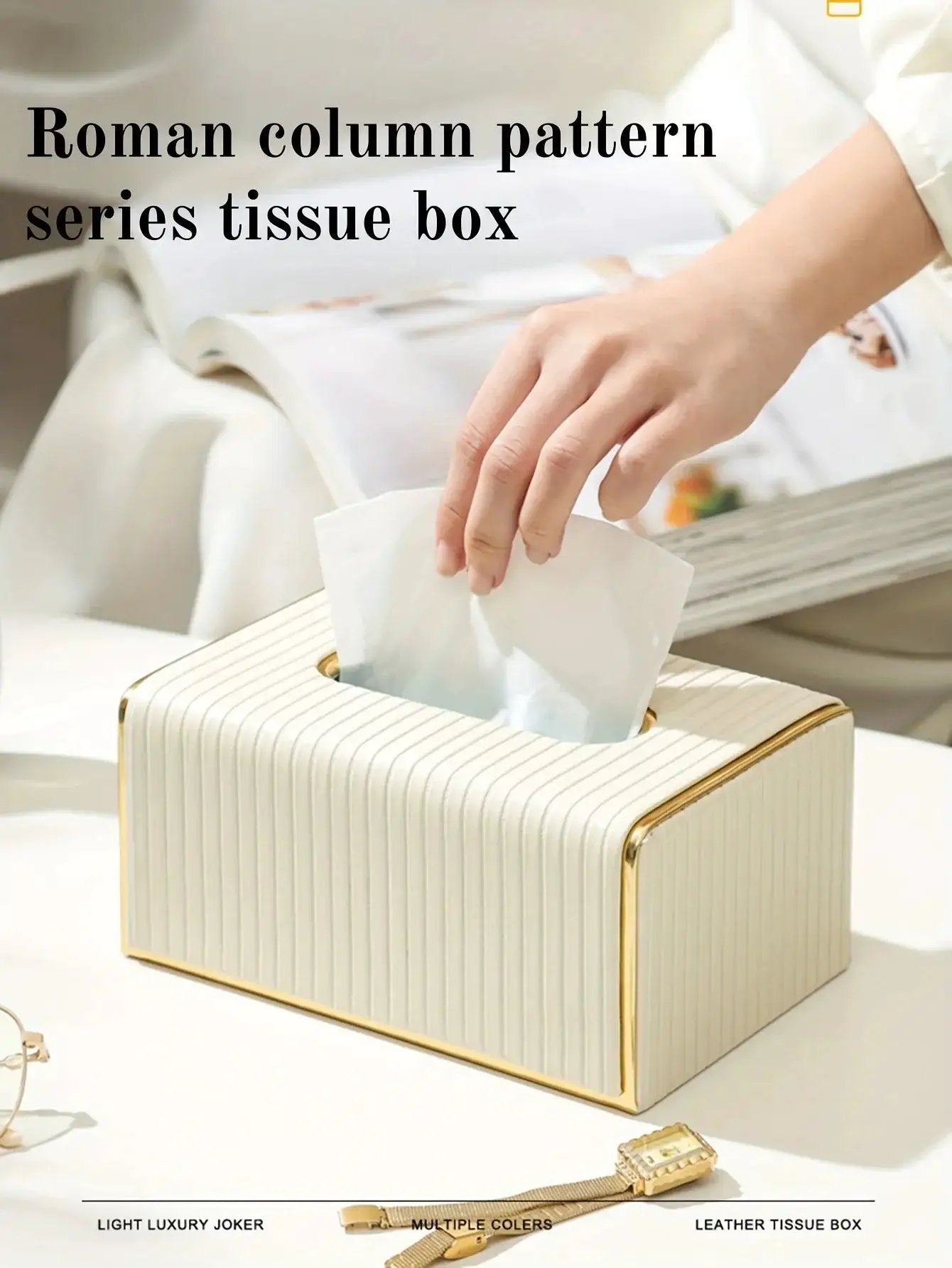 [Luxury Tissue Box Cover] Premium Faux Leather 1-Pack Striped Tissue Box Cover | Dual-Purpose for Dining Table & Home Decor, Golden Accents, Holds Standard Tissues, Modern Luxury Design for Living Room, Office, Hotel by House Of Avana