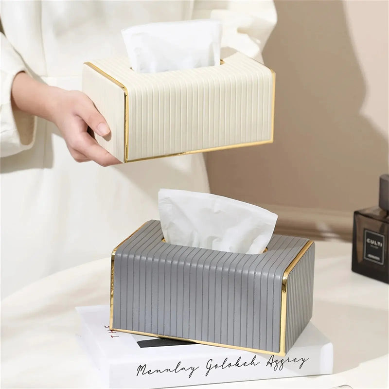 [Luxury Tissue Box Cover] Premium Faux Leather 1-Pack Striped Tissue Box Cover | Dual-Purpose for Dining Table & Home Decor, Golden Accents, Holds Standard Tissues, Modern Luxury Design for Living Room, Office, Hotel by House Of Avana