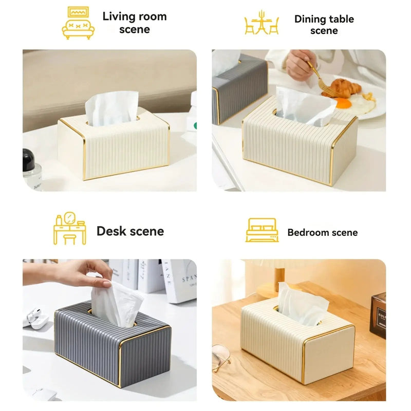 [Luxury Tissue Box Cover] Premium Faux Leather 1-Pack Striped Tissue Box Cover | Dual-Purpose for Dining Table & Home Decor, Golden Accents, Holds Standard Tissues, Modern Luxury Design for Living Room, Office, Hotel by House Of Avana