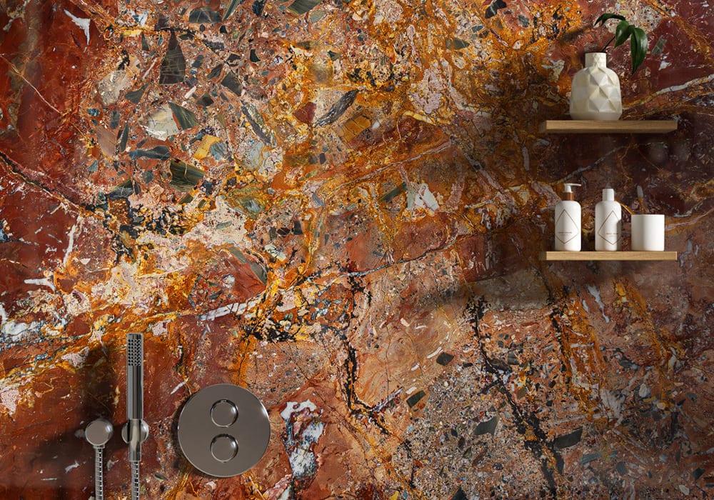 Luz Del Fuego Polished Quartzite Slab Random room scene 2