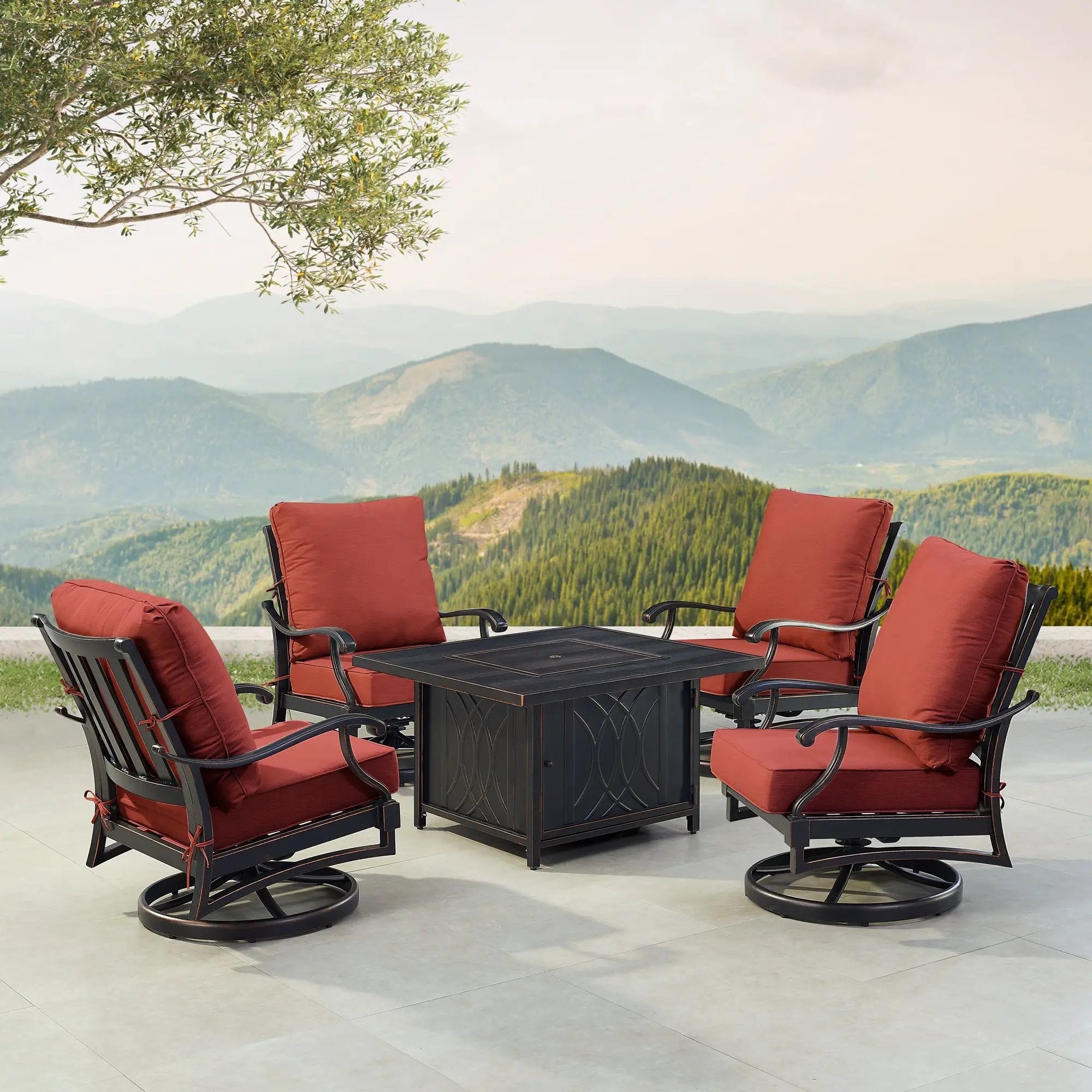Black Aluminum Fire Table Set with Four Club Chairs by Sharicks