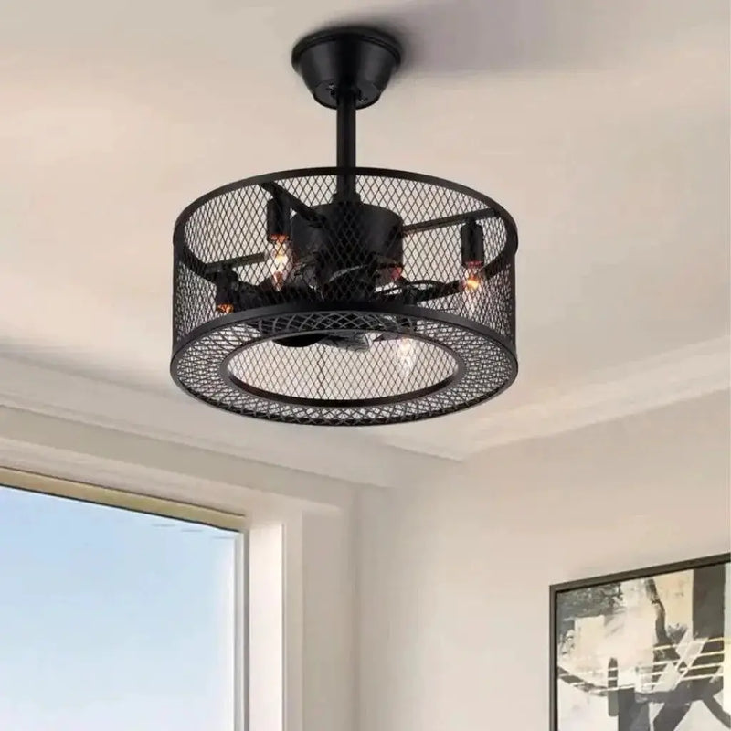 18 in. Indoor Black Industrial Caged Fandelier Ceiling Fan with Timer and Remote by Selzalot
