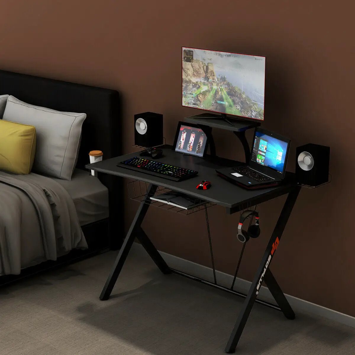 Multifunctional E-Sport Gaming Desk with Headset Hook and Cup Holder by DirectDeals