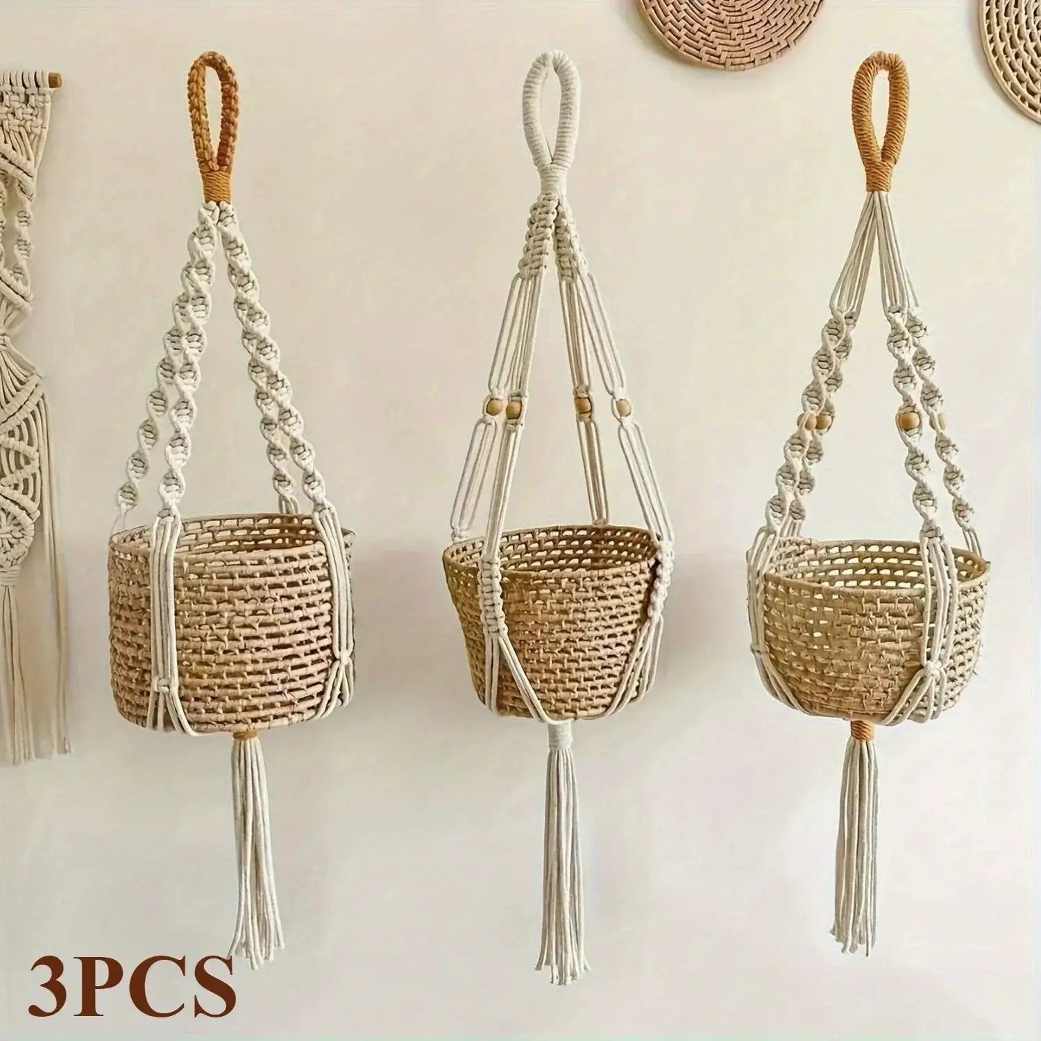 [Macrame Plant Hangers] 3pcs Macrame Plant Hangers - Bohemian Handwoven Holders with Tassels, Decorative Hanging Baskets, Ideal for Balcony/Living Room/Garden, Great Housewarming Gifts (Not Include Pots) by House Of Avana