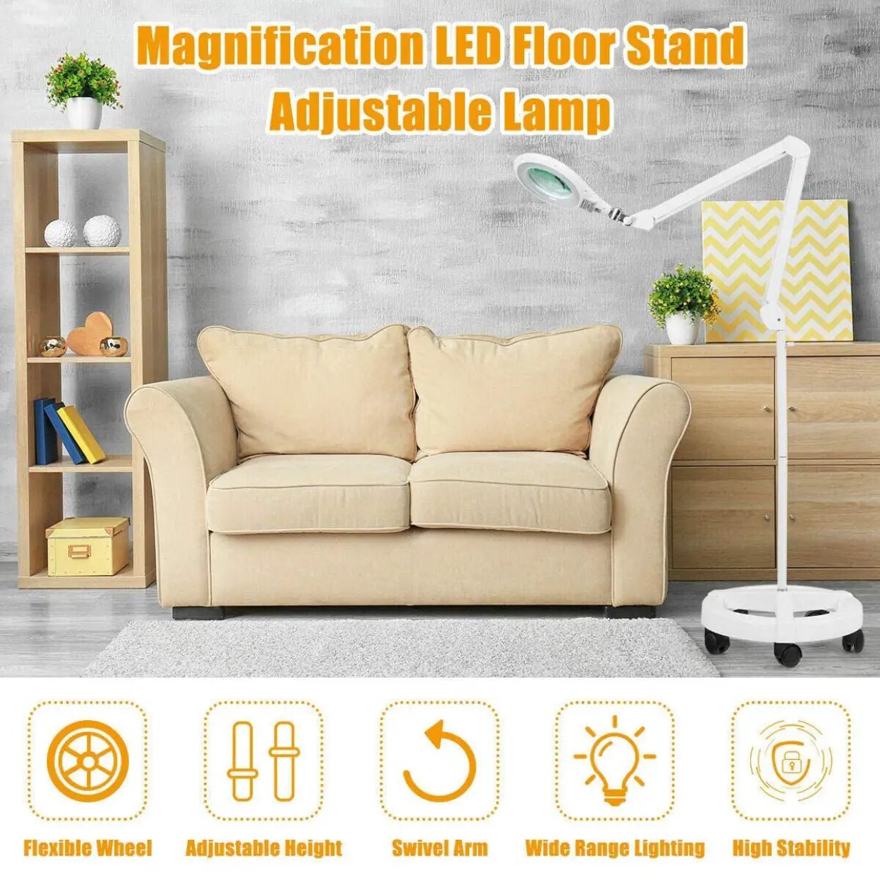 Magnifying Floor Lamp with 5 Wheels Rolling Base, 2.25X Magnifier with LED Light, 2-in-1 by Outdoor Solar Outlet