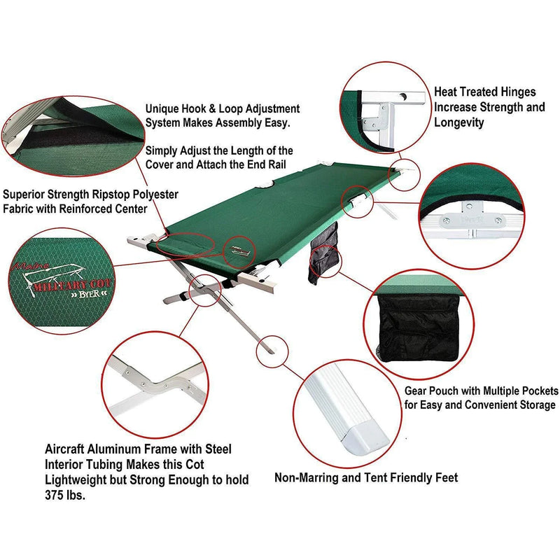 Maine Military Cot HD – Heavy-Duty Full-Size Aluminum Cot with 375 lb Capacity by Outdoor-USA®