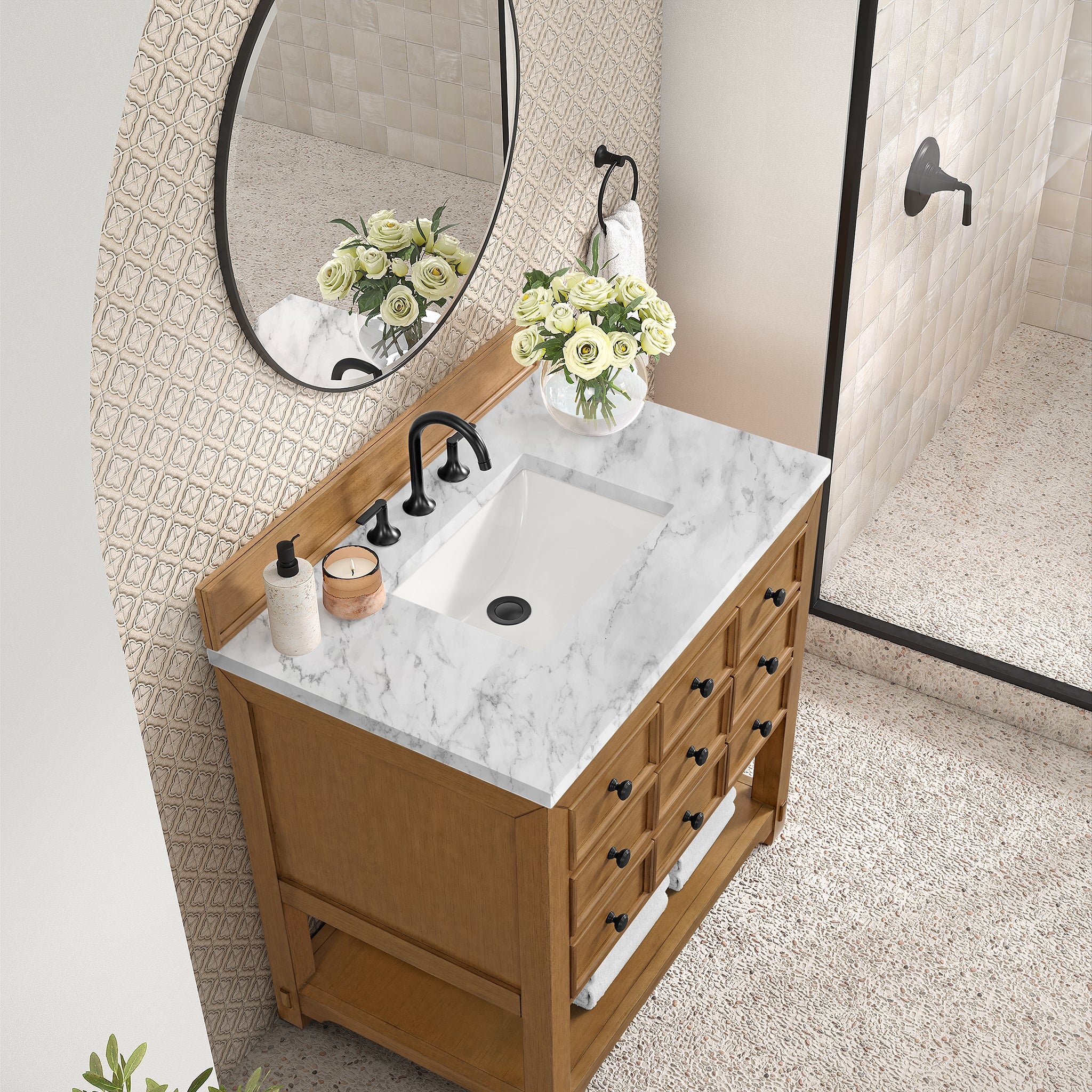 James Martin Malibu 36" Single Bathroom Vanity, Amber Birch with Carrara White countertop